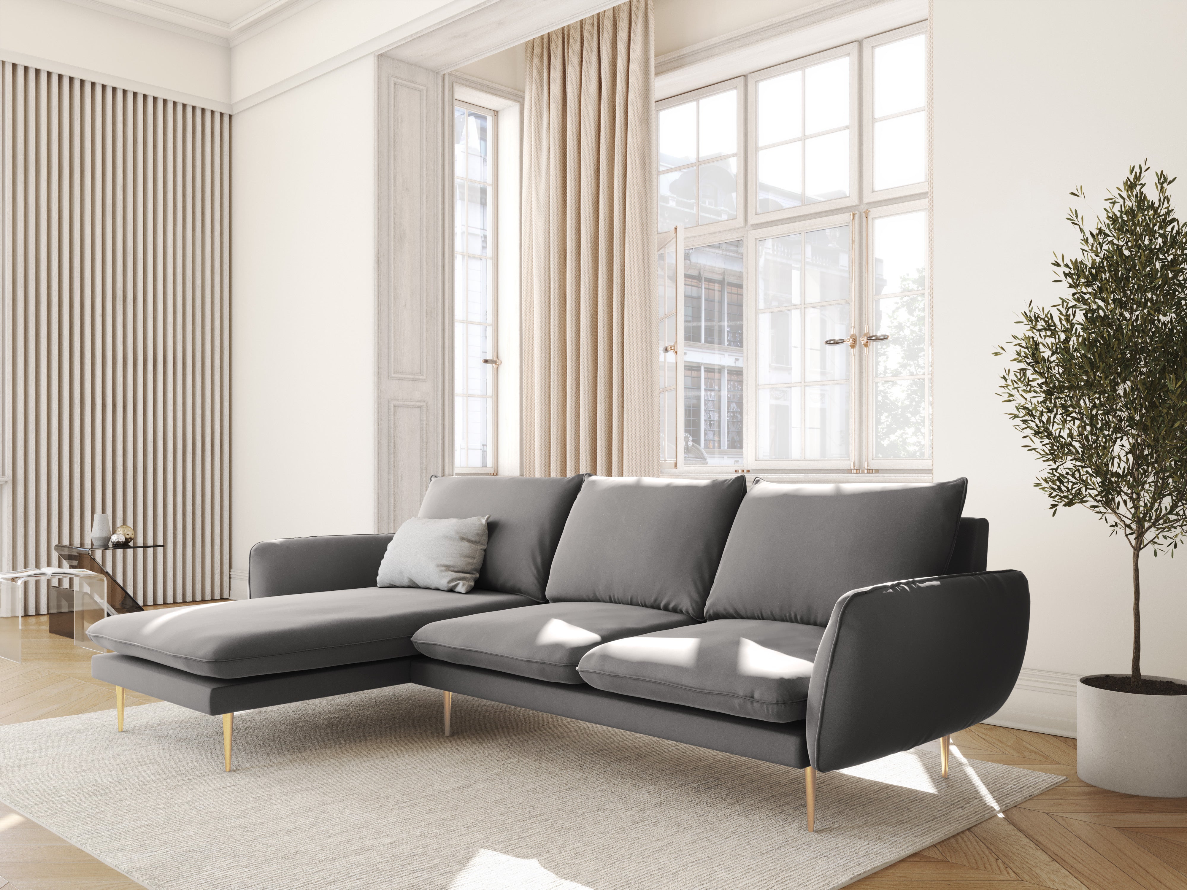Left-facing velvet corner sofa for 5 people VIENNA in light gray with a gold base
