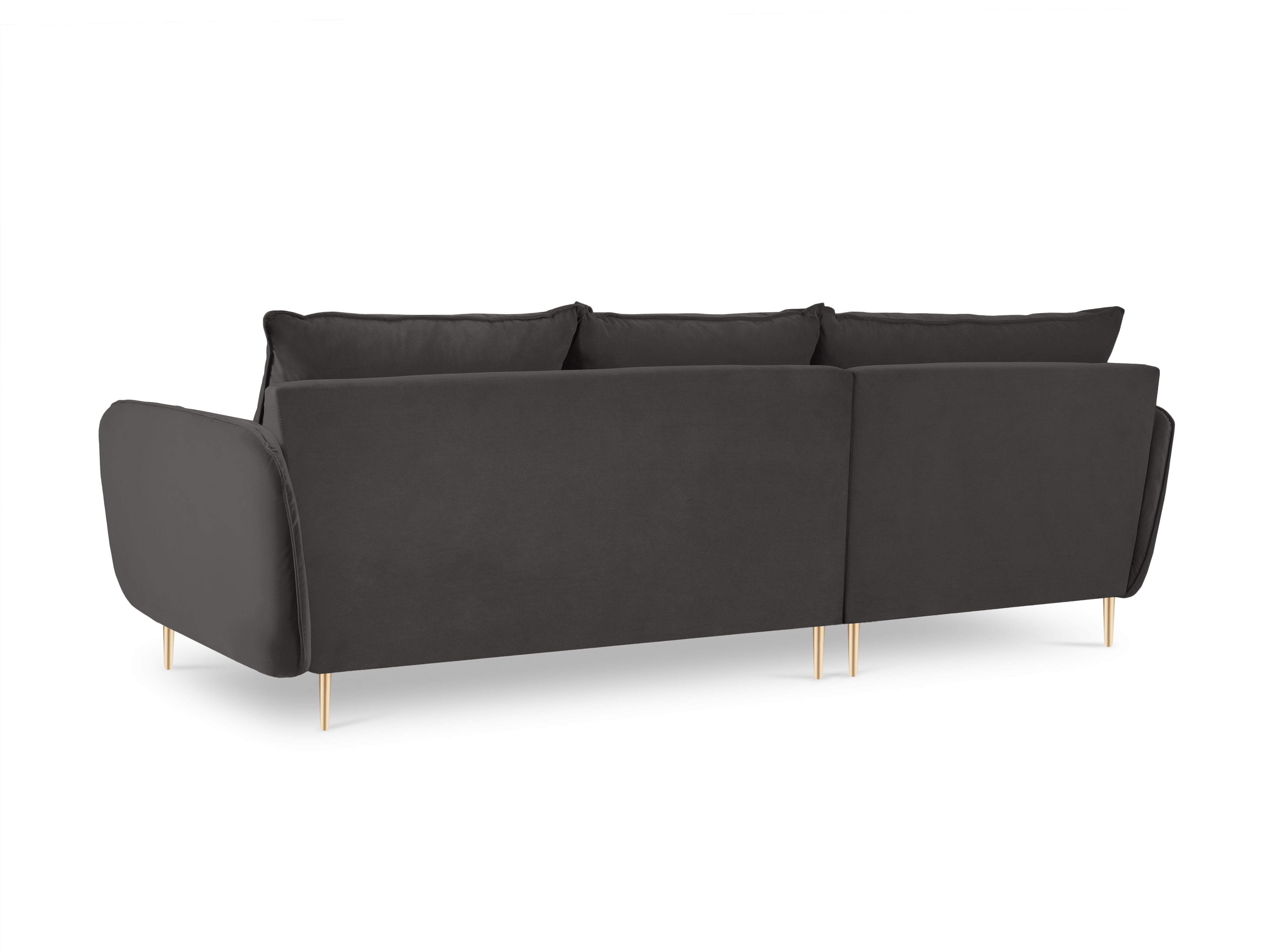 Left-facing velvet corner sofa for 5 people VIENNA in dark gray with a gold base
