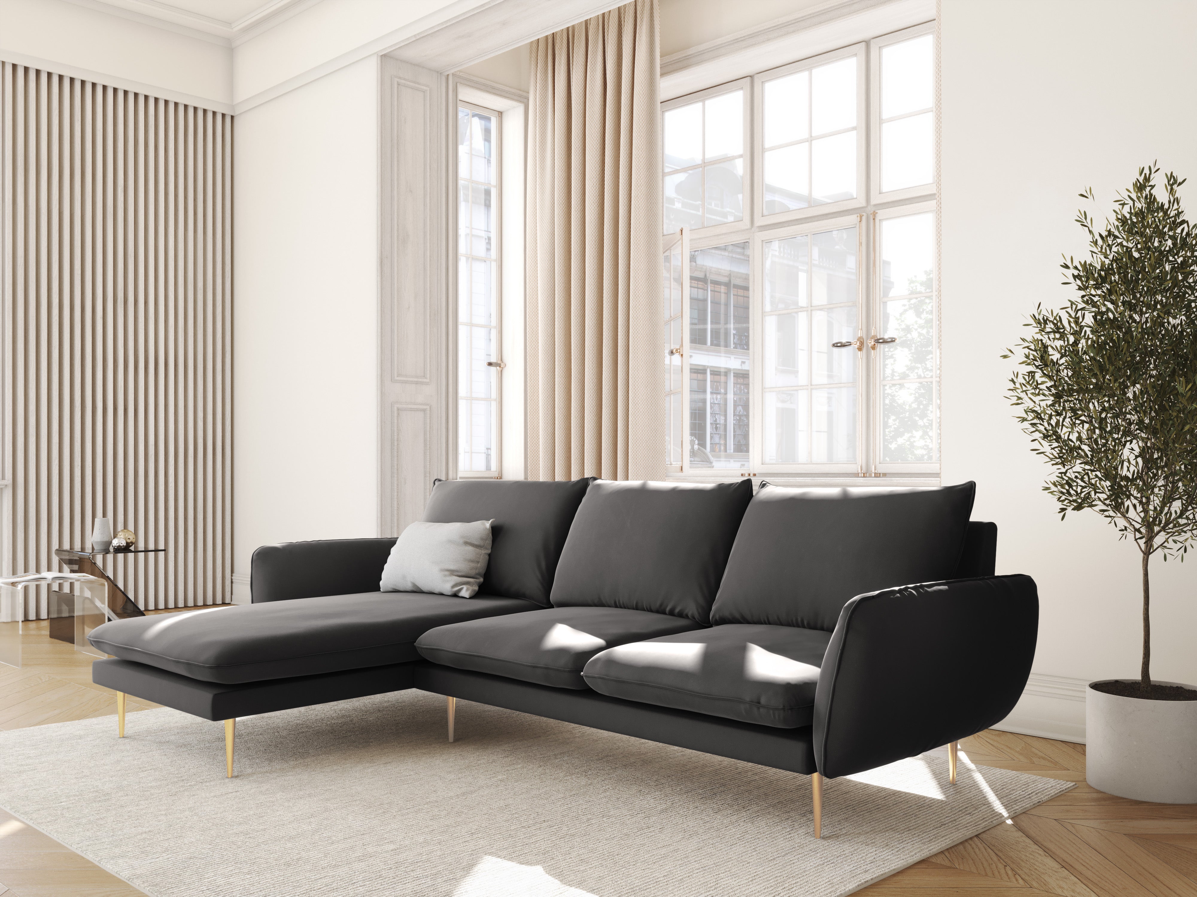Left-facing velvet corner sofa for 5 people VIENNA in dark gray with a gold base