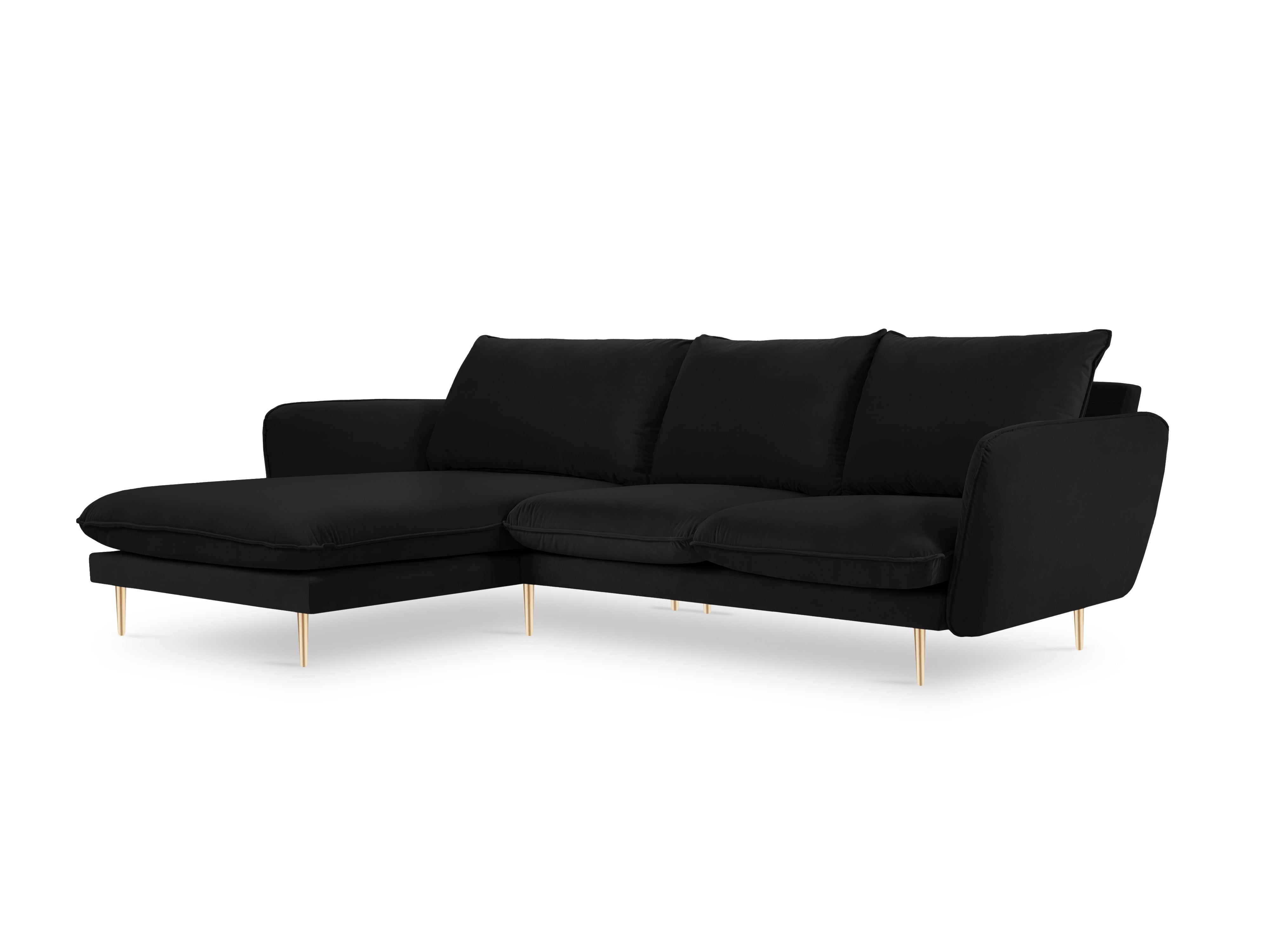 Left-facing velvet corner sofa for 5 people VIENNA in black with a gold base