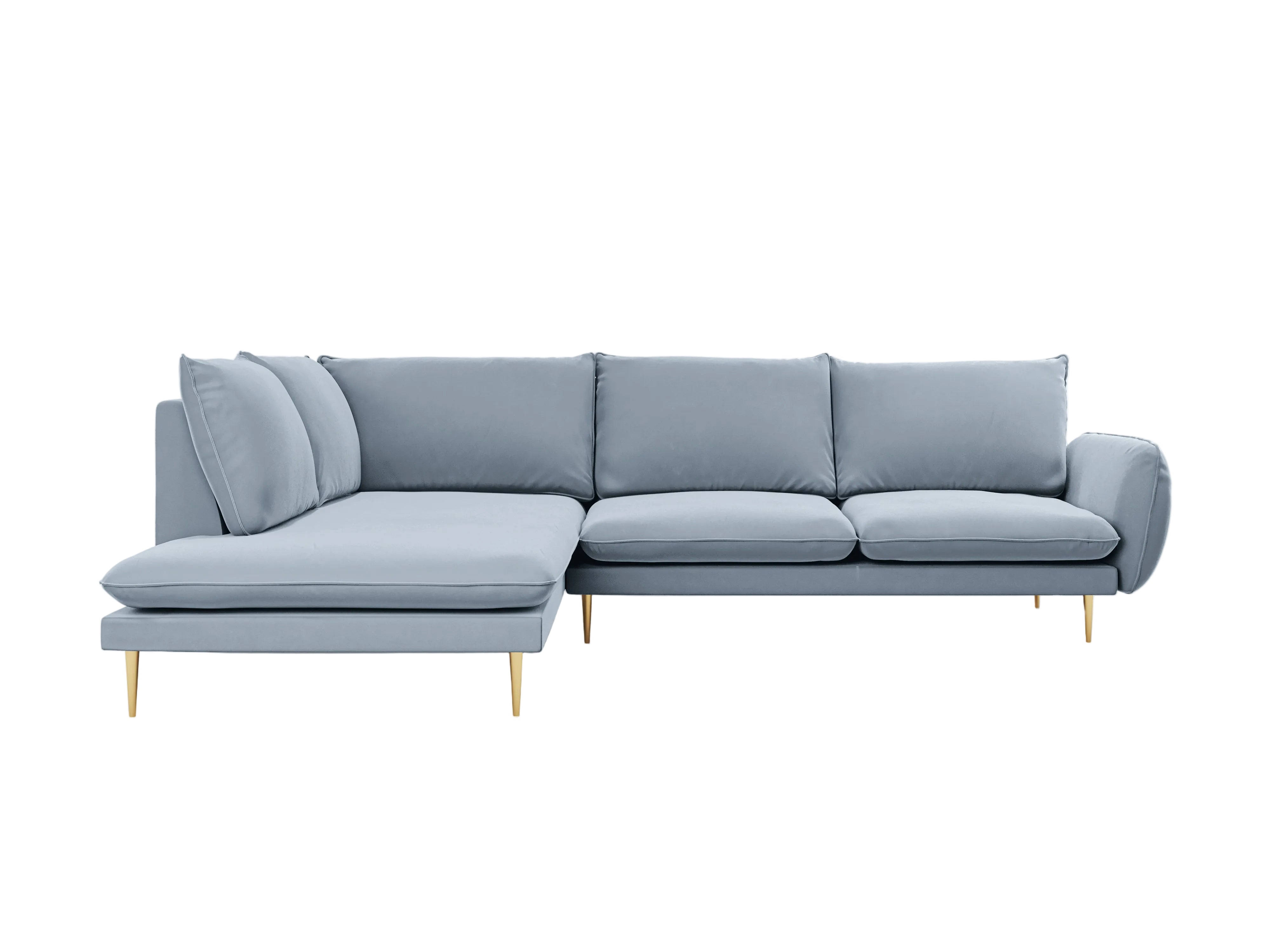 Left-facing velvet corner sofa for 5 people VIENNA in light blue with a gold base