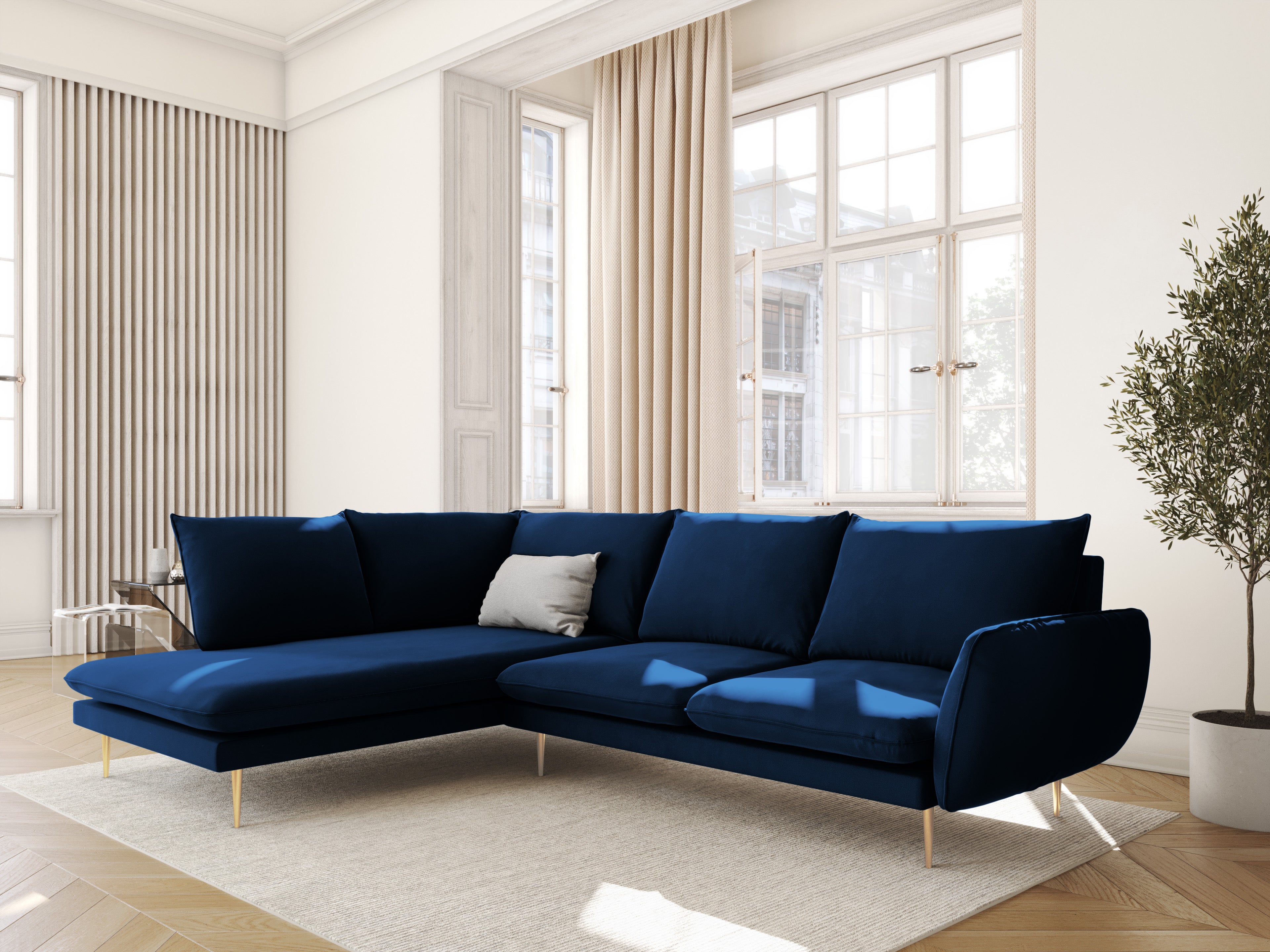 Velvet Corner Sofa for 6 People, Left Side, VIENNA, Royal Blue with Gold Base