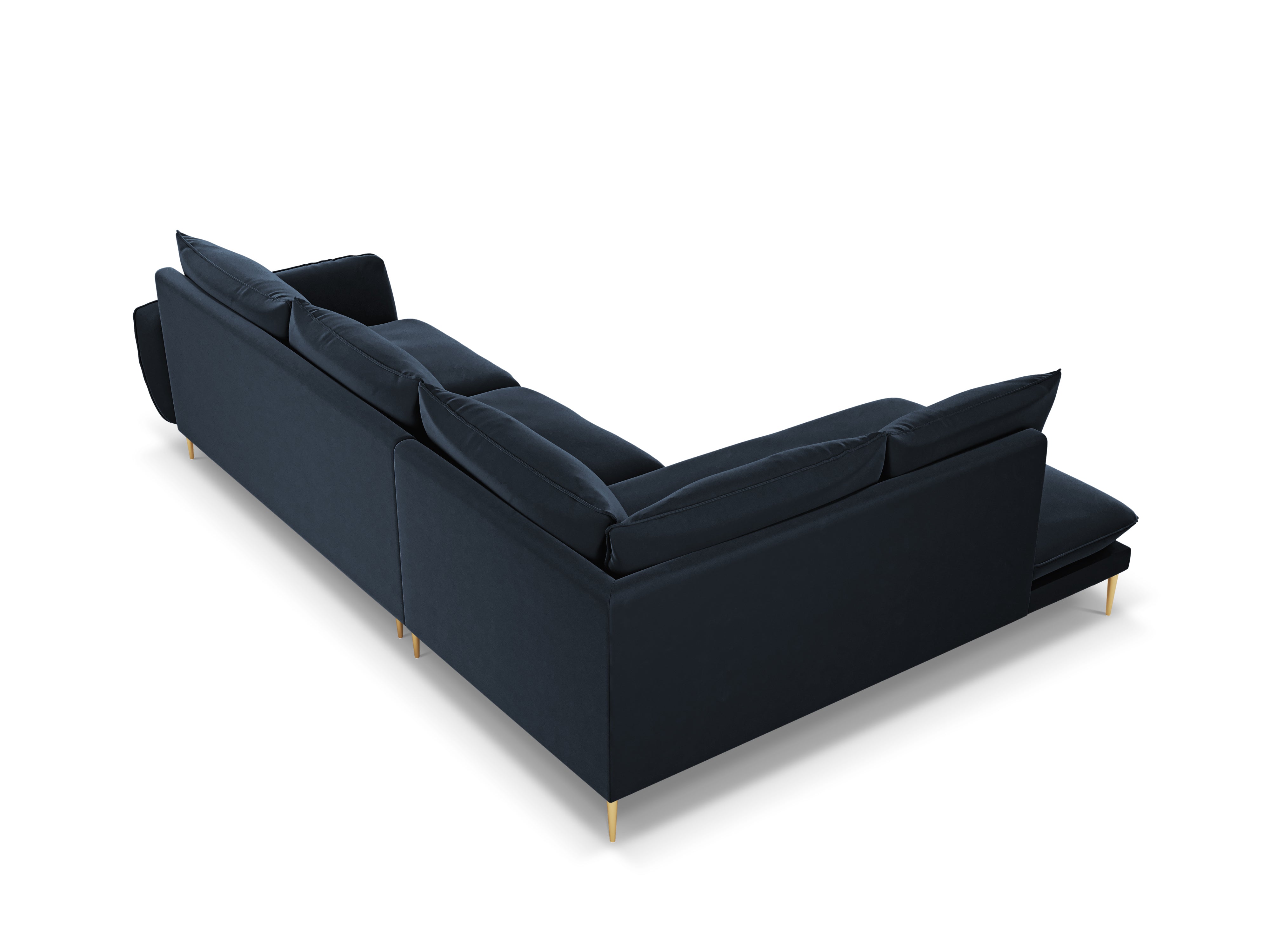 Left-facing velvet corner sofa for 5 people VIENNA in dark blue with a gold base