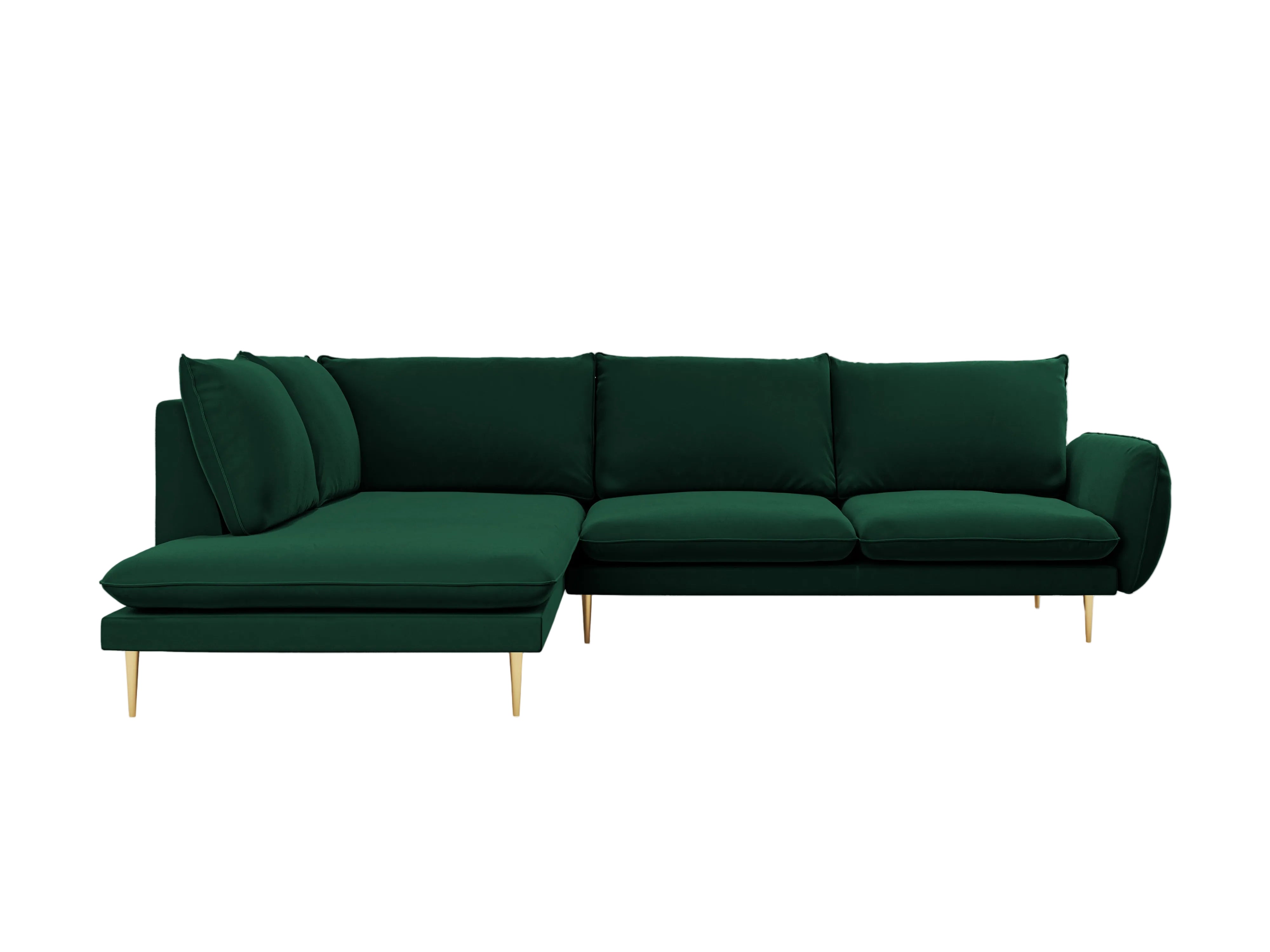Left-facing velvet corner sofa for 5 people VIENNA in bottle green with a gold base