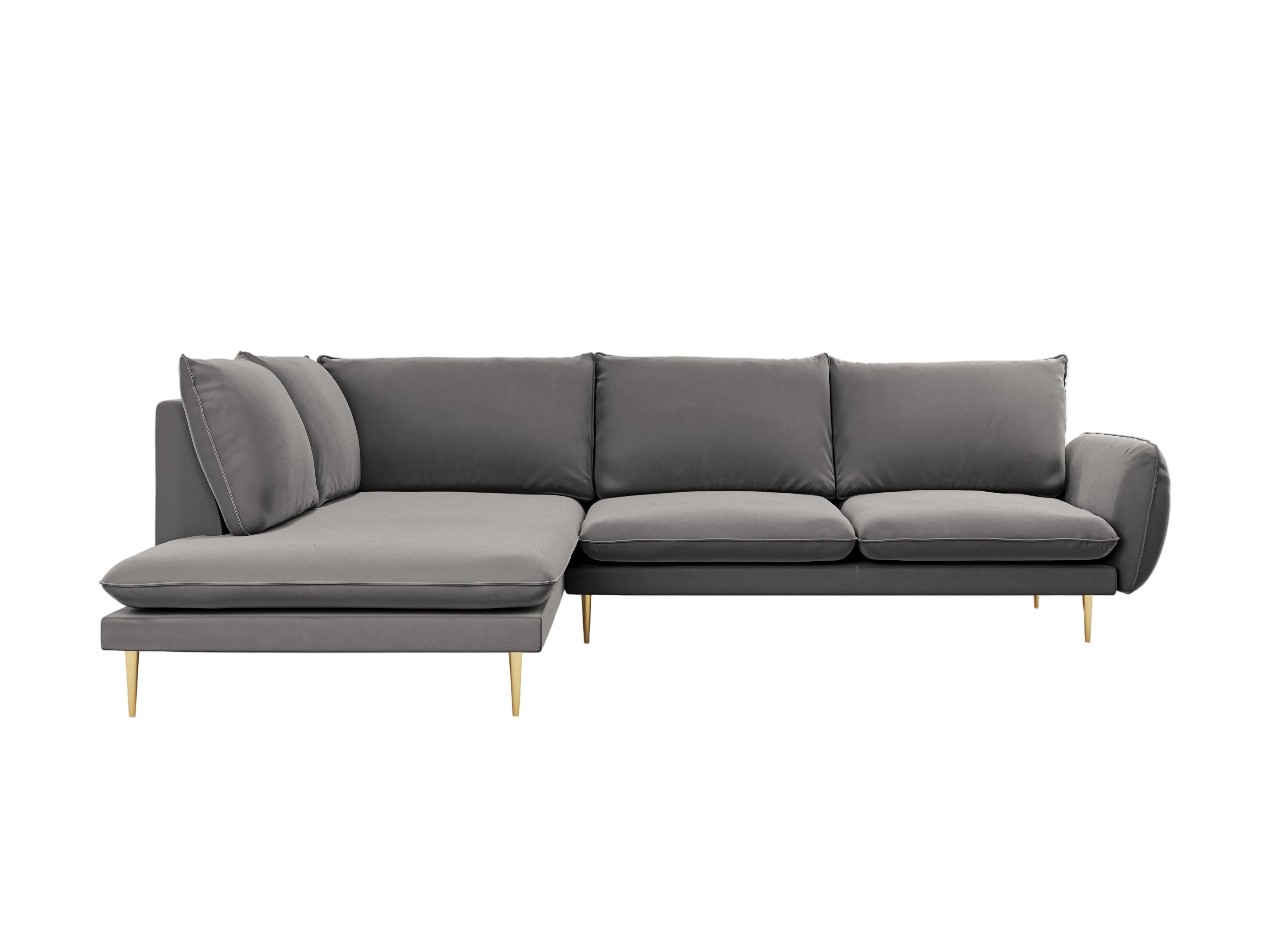 Left-facing velvet corner sofa for 5 people VIENNA in light gray with a gold base