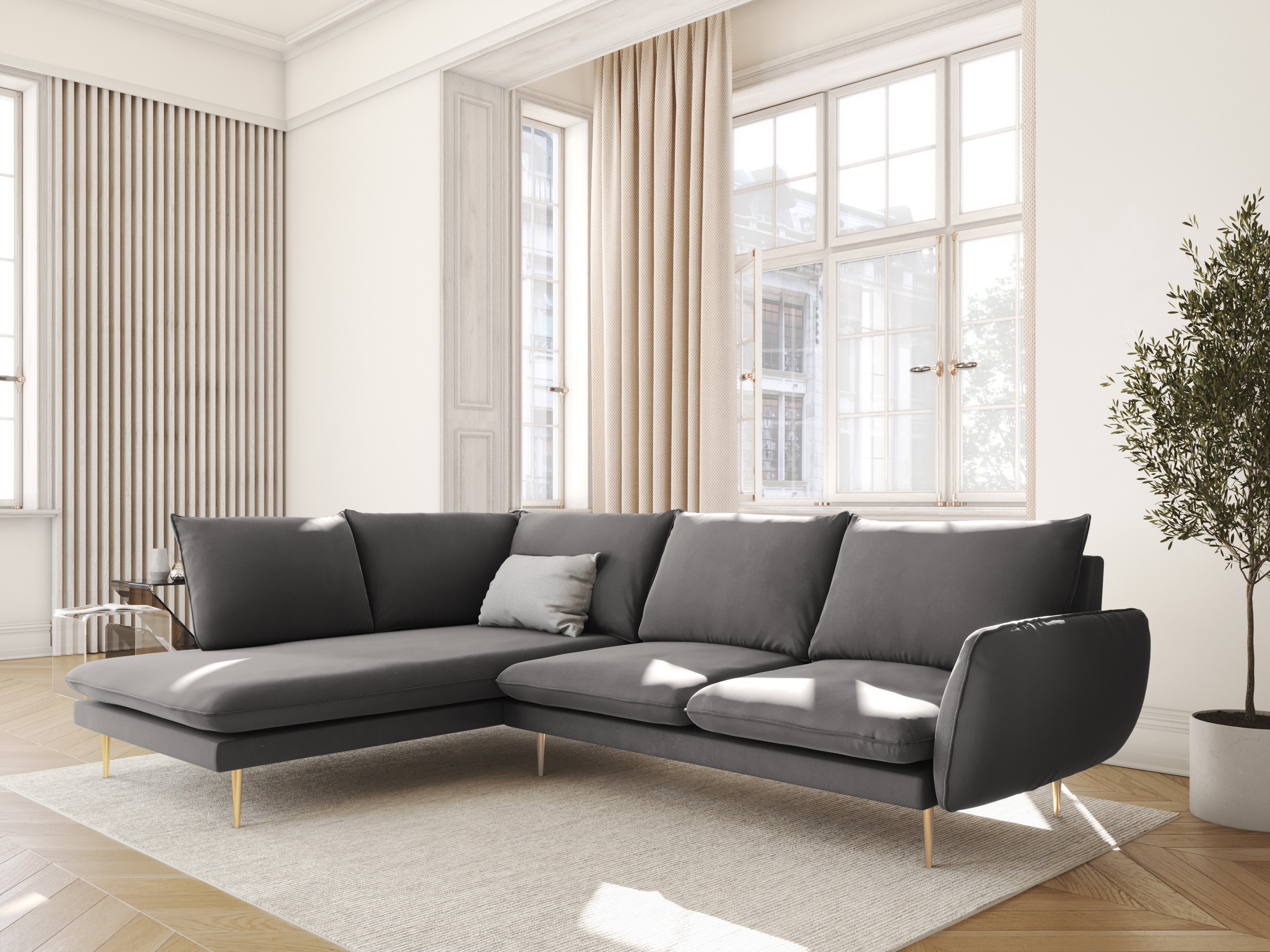Left-facing velvet corner sofa for 5 people VIENNA in light gray with a gold base