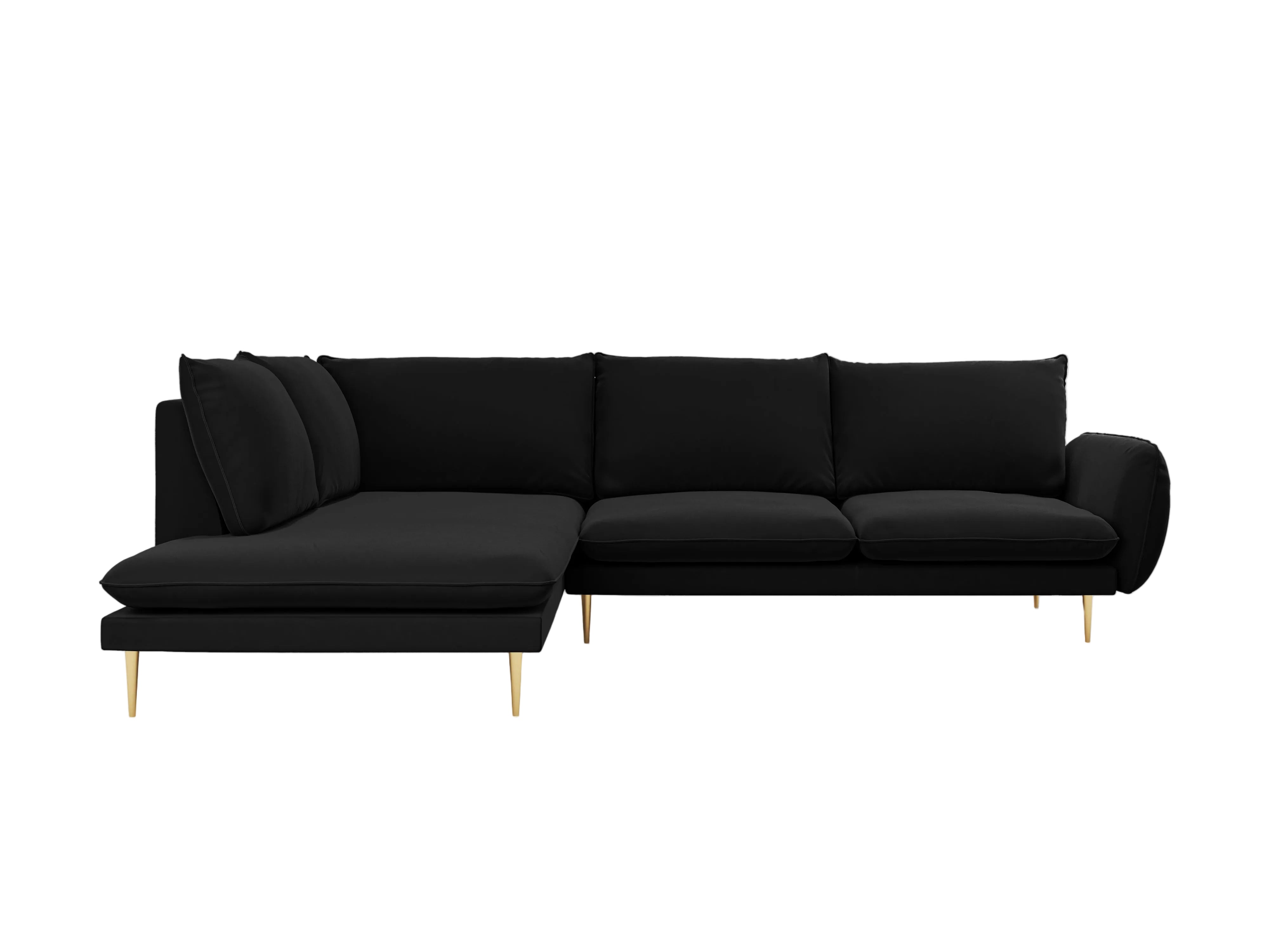 Left-facing velvet corner sofa for 5 people VIENNA in black with a gold base