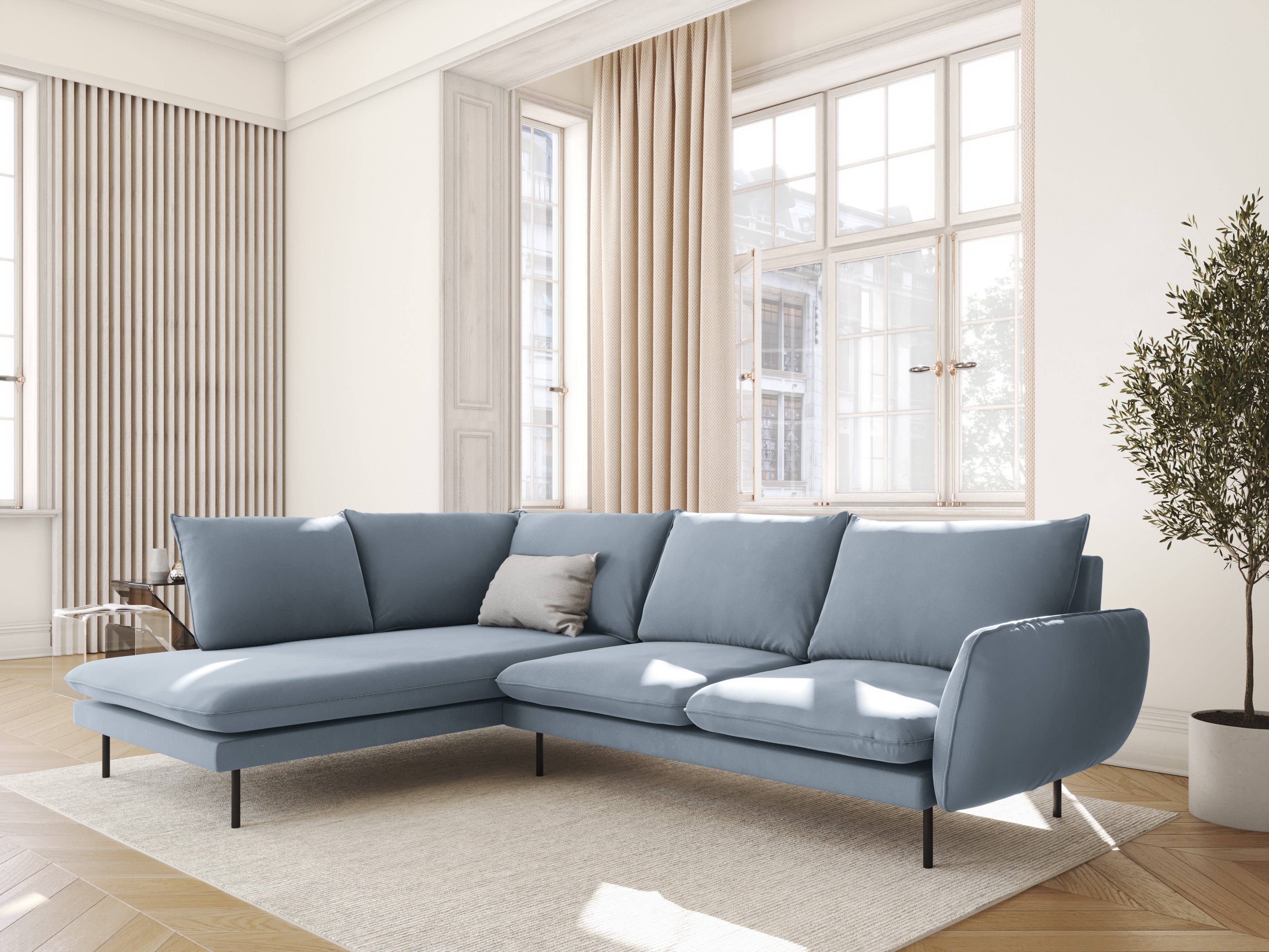 Velvet Corner Sofa for 6 People, Left Side, VIENNA, Light Blue with Black Base