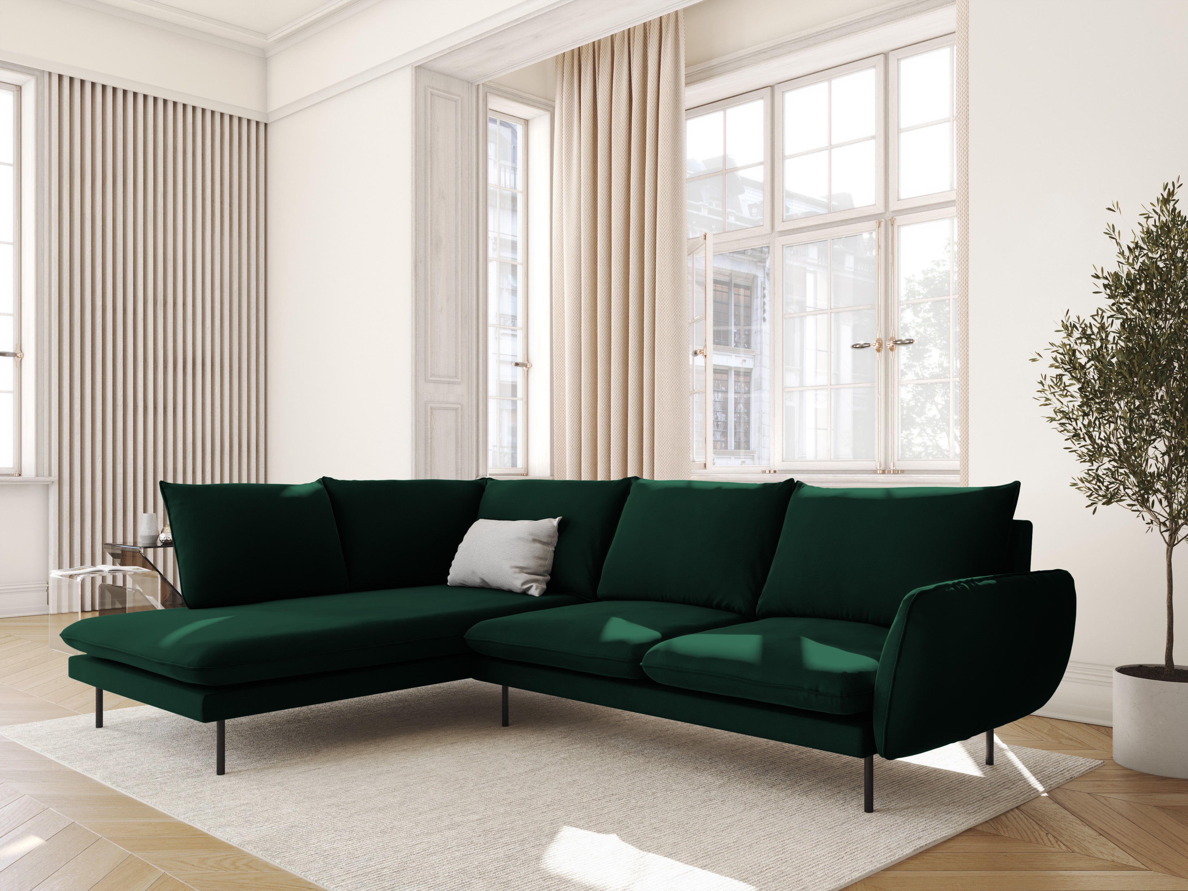 Velvet corner sofa for 6 people, left-facing, VIENNA, bottle green with black base