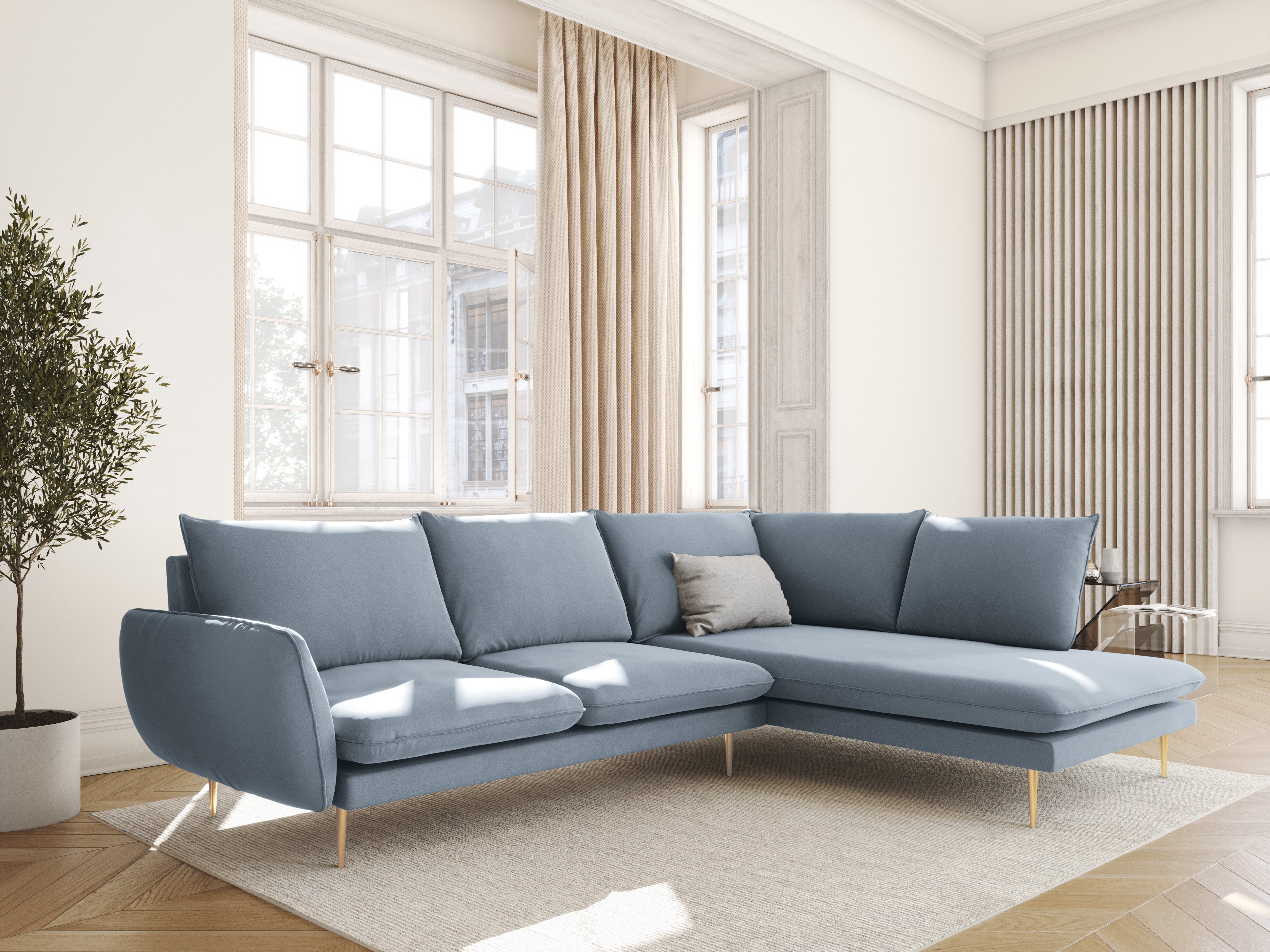 VIENNA Light Blue Velvet 6-Seater Panoramic Sofa with Gold Base