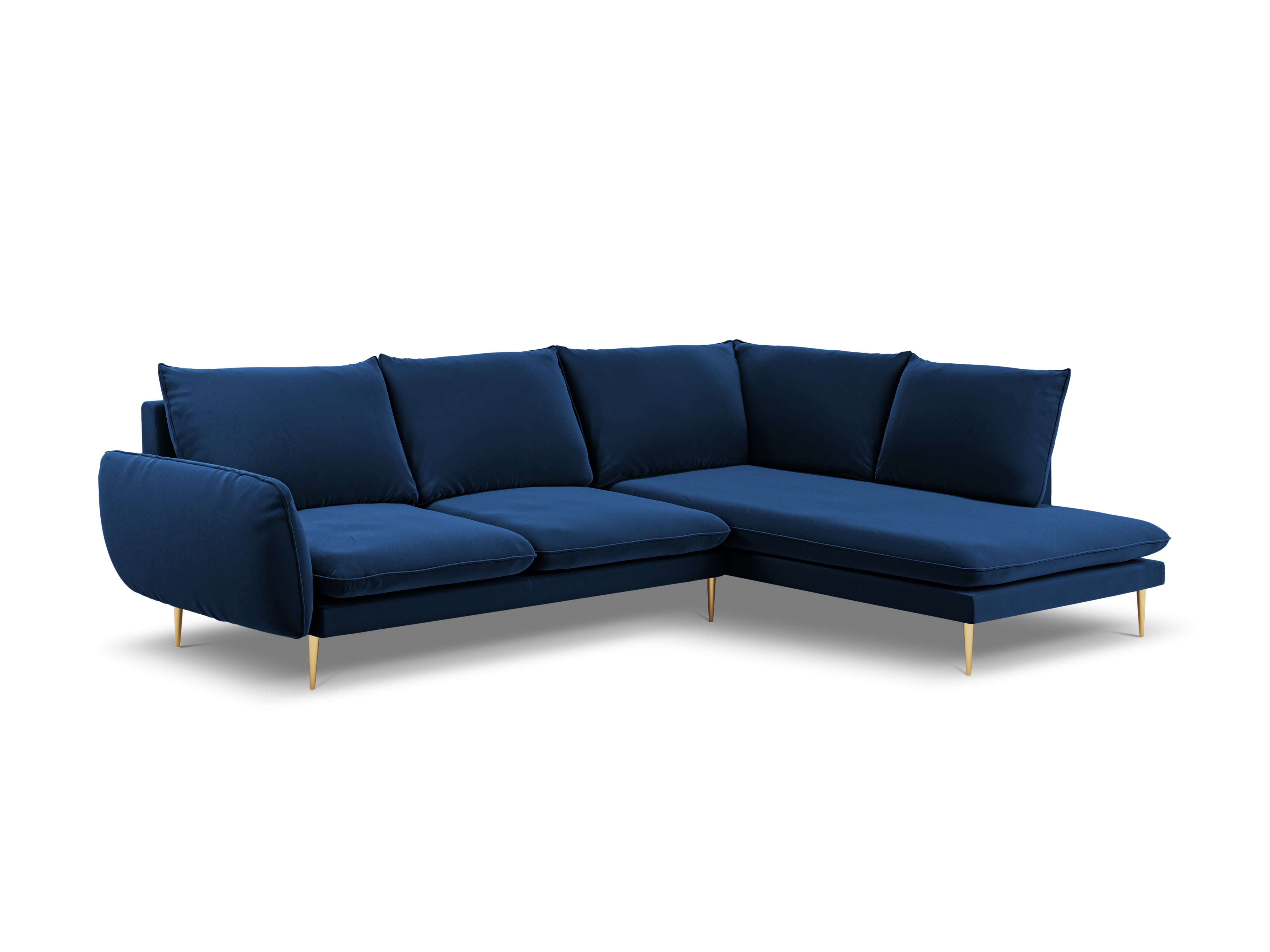 Velvet corner sofa for 6 people, right-facing, VIENNA, royal blue with a gold base