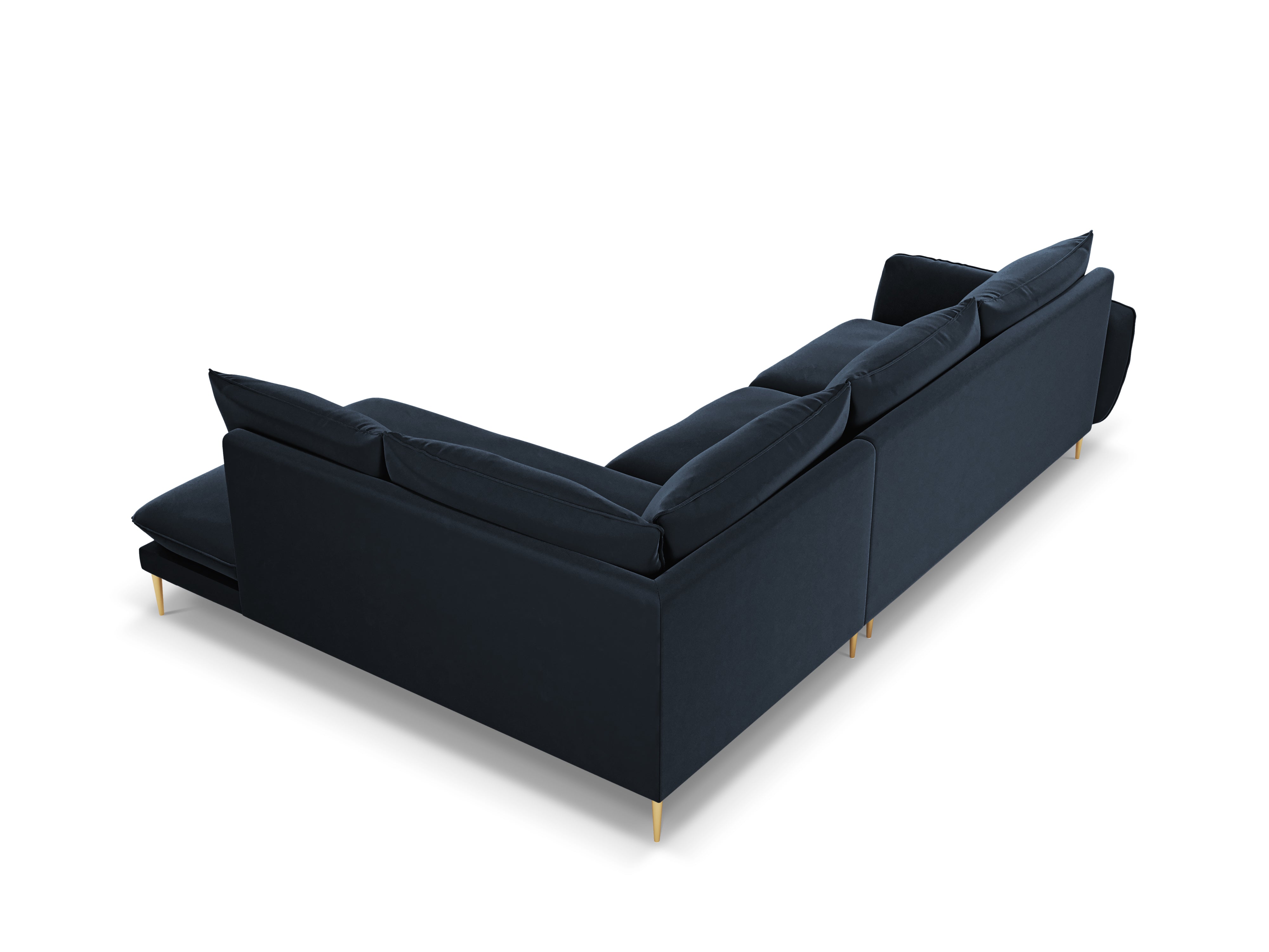 Velvet corner sofa for 6 people, right-facing, VIENNA, dark blue with a gold base