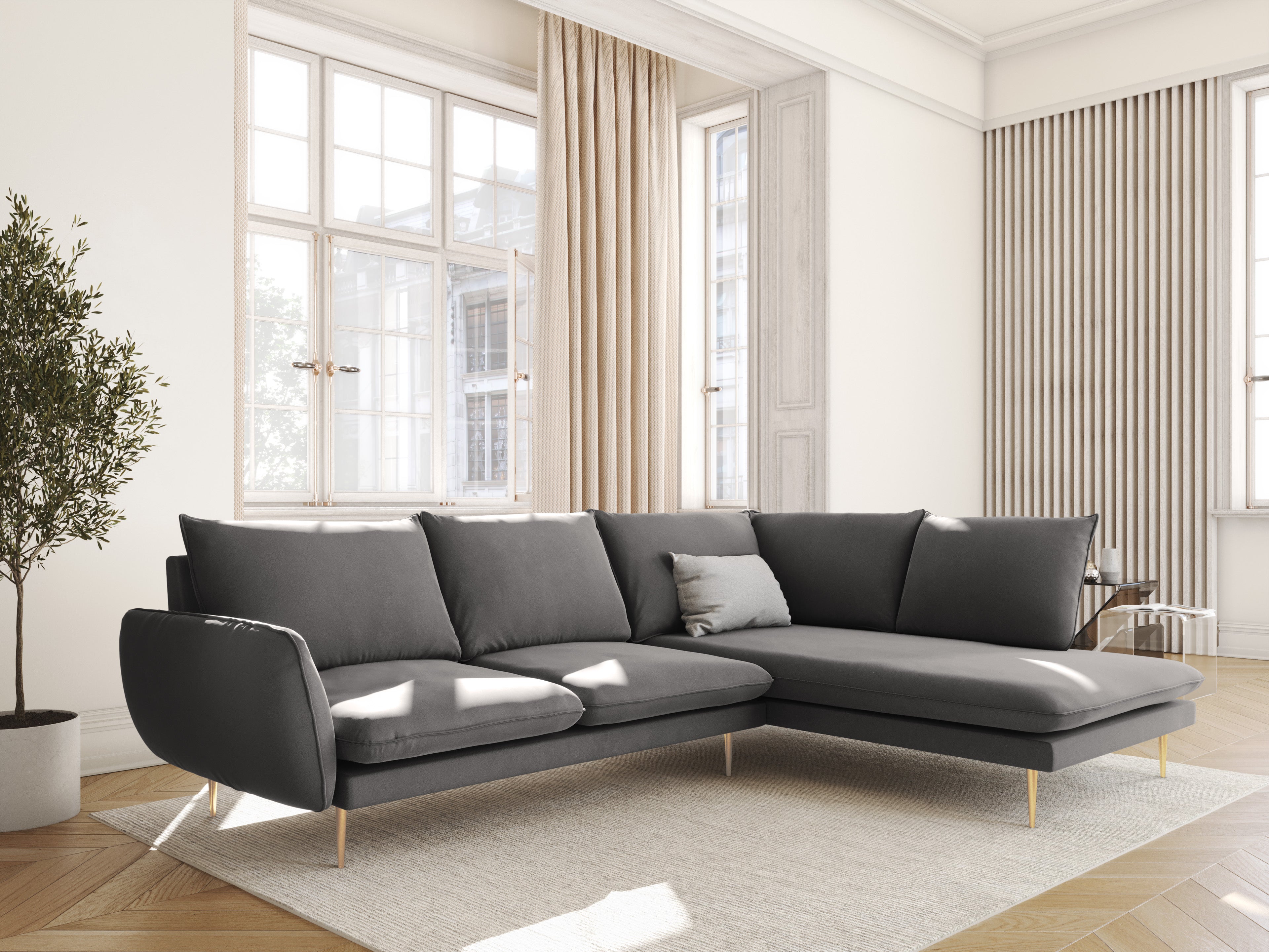 Velvet corner sofa for 6 people, right-facing VIENNA in light gray with a gold base