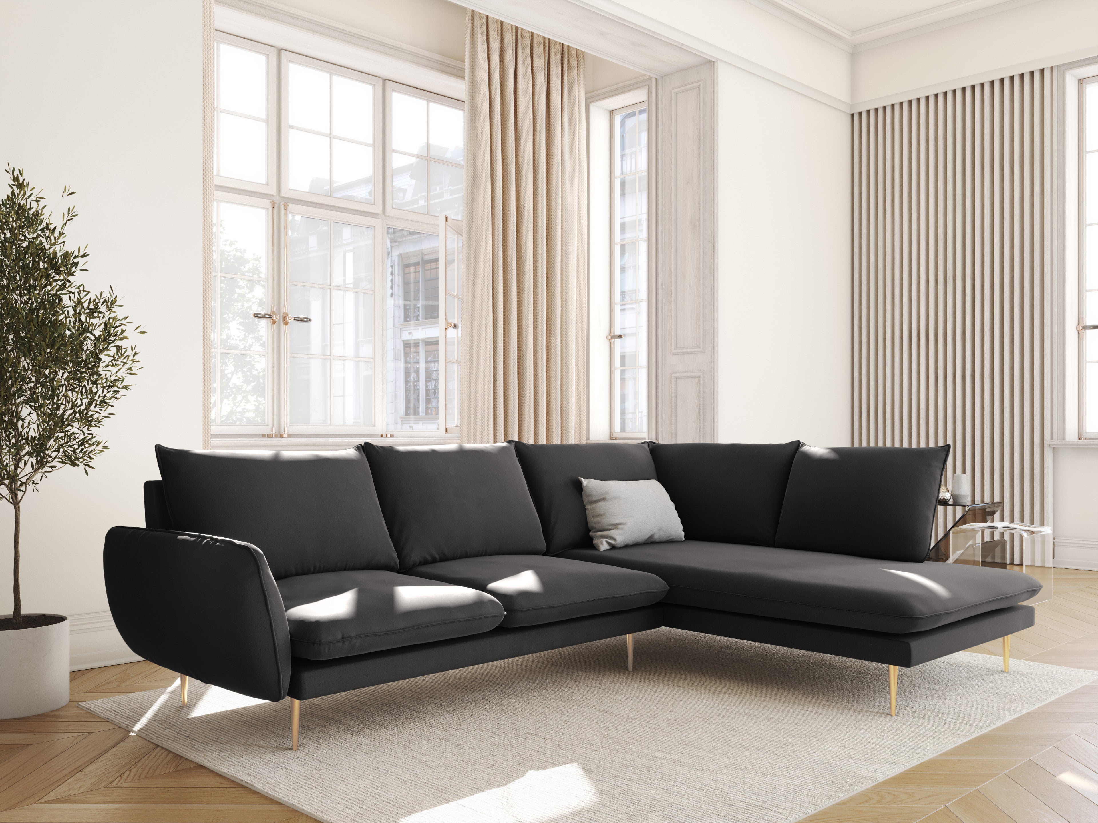 Velvet Corner Sofa for 6 People Right-Hand Side VIENNA Dark Gray with Gold Base