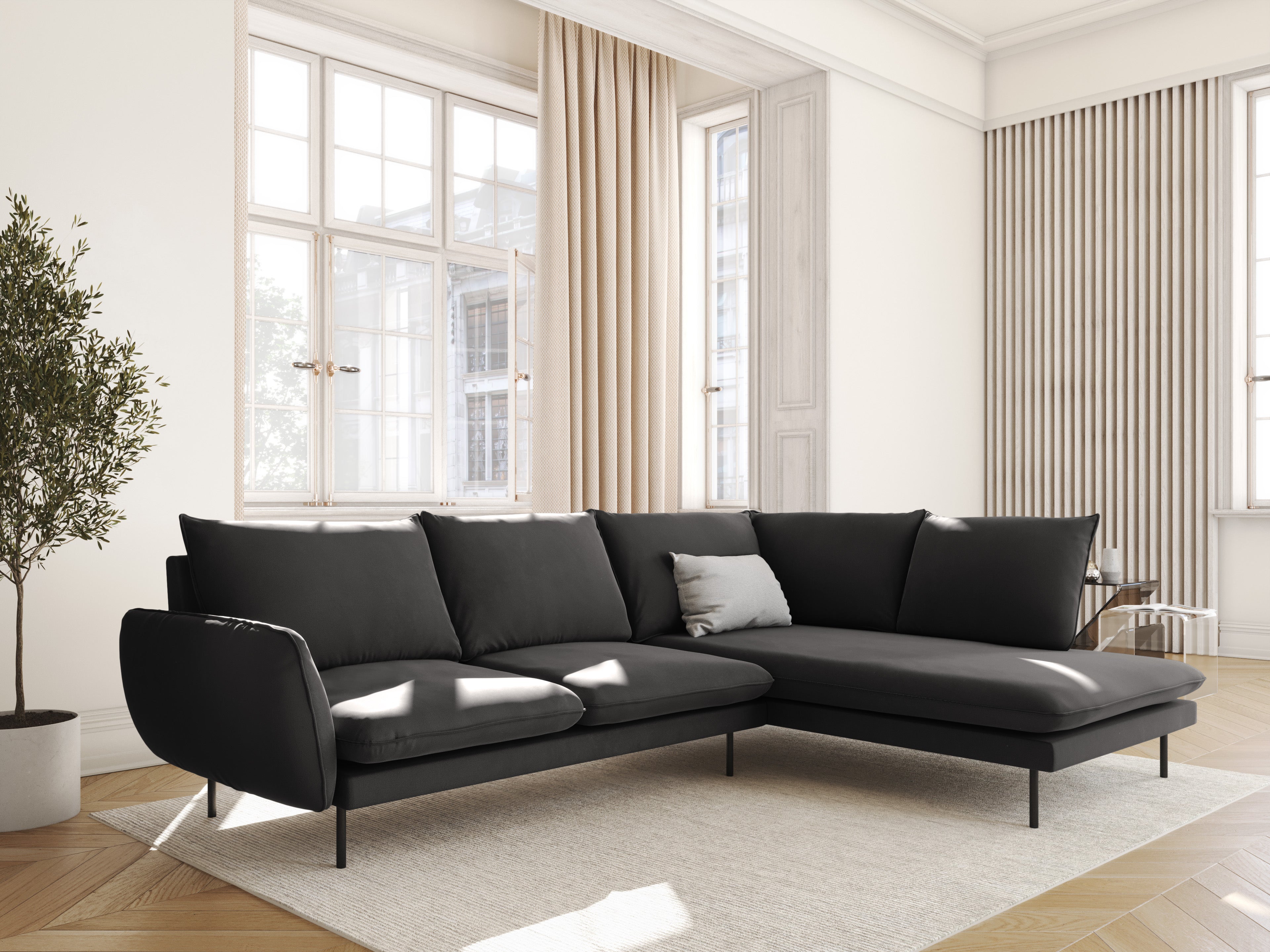 Velvet corner sofa for 6 people, right-facing, VIENNA, dark gray with black base
