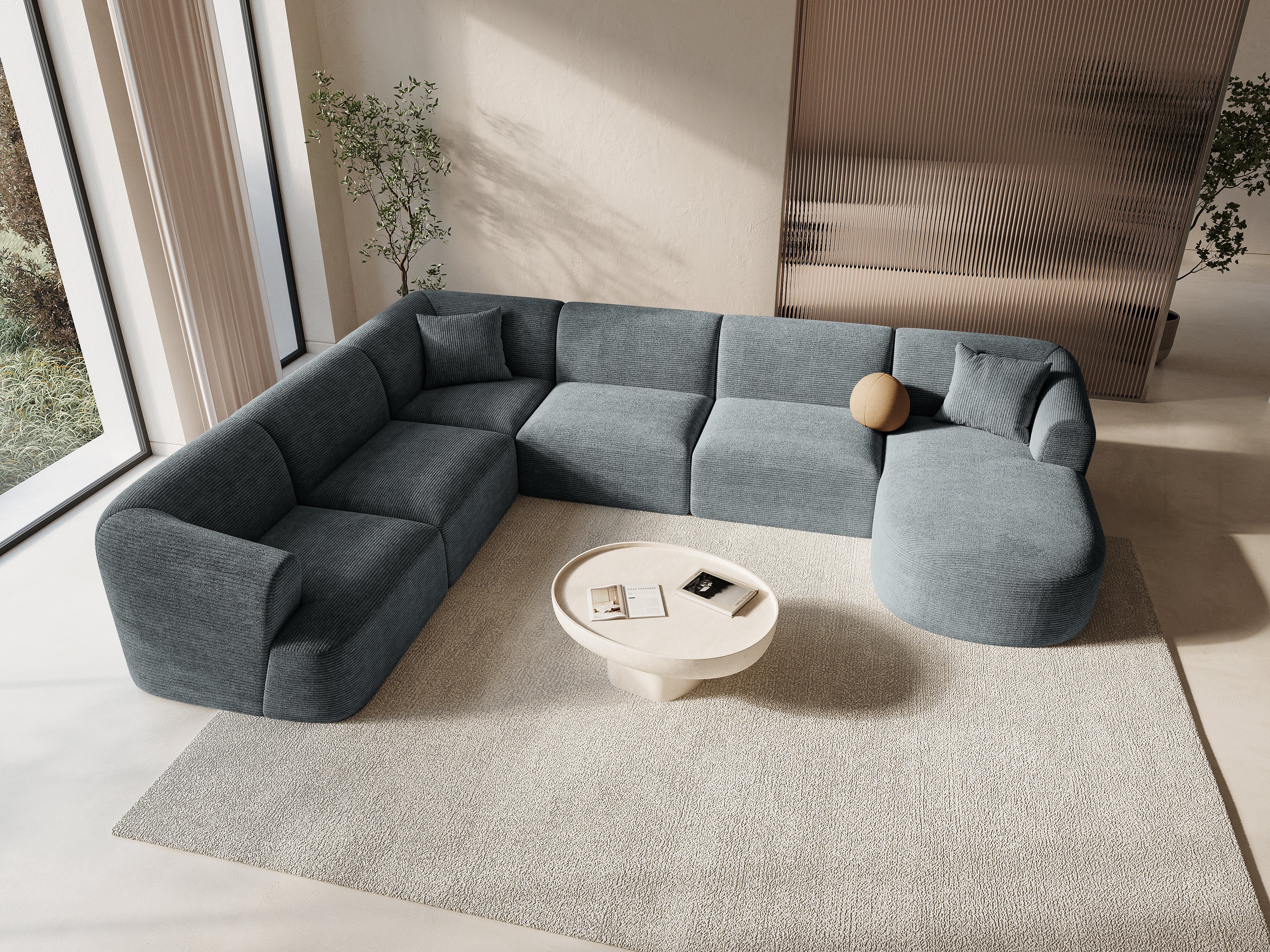 Linksseitiges panoramisches 7-Sitzer-Sofa CAMPI grauer Cordstoff