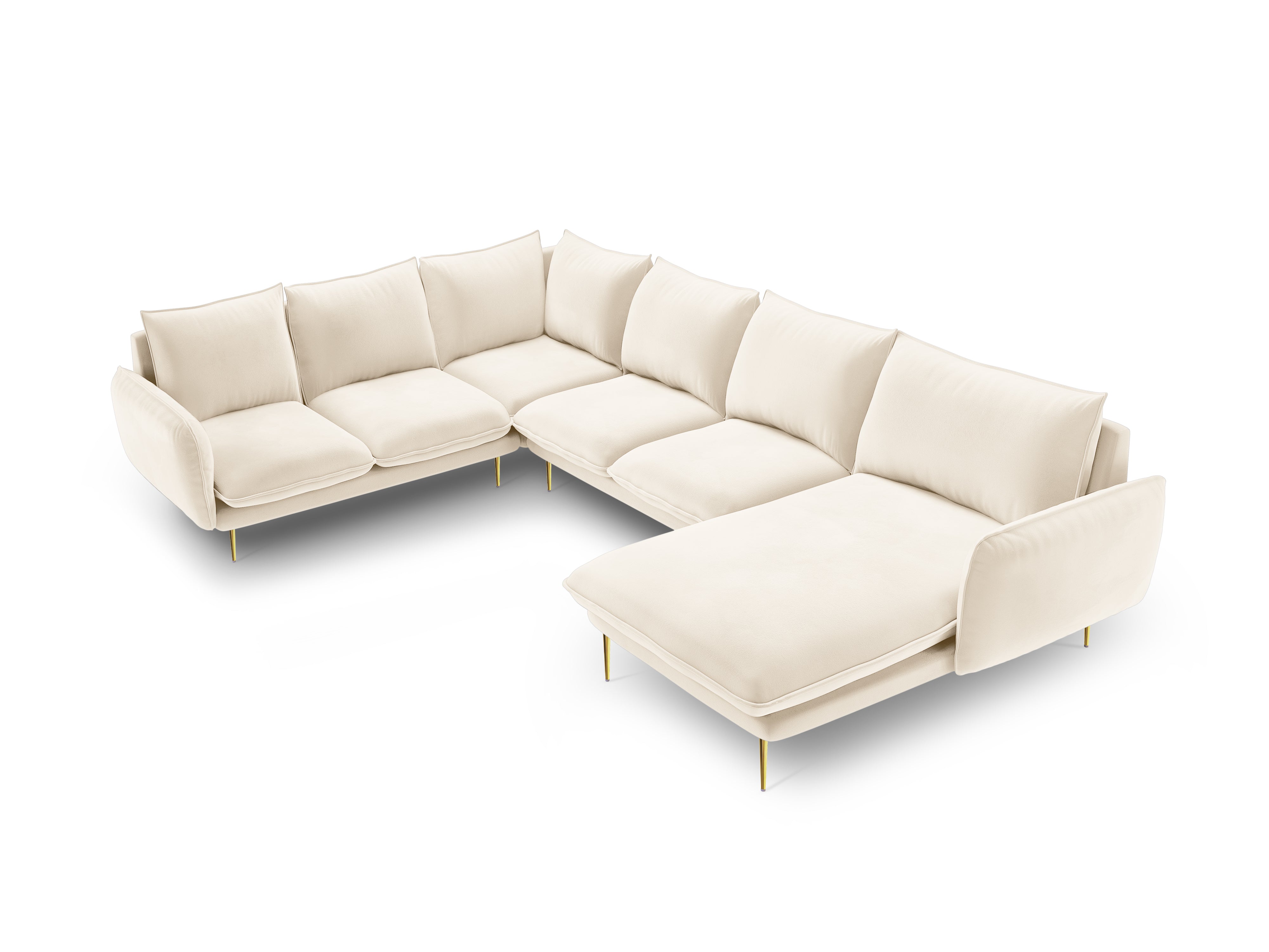 Panoramic Velvet Left-Facing Sofa for 7 People VIENNA in Light Beige with Gold Base