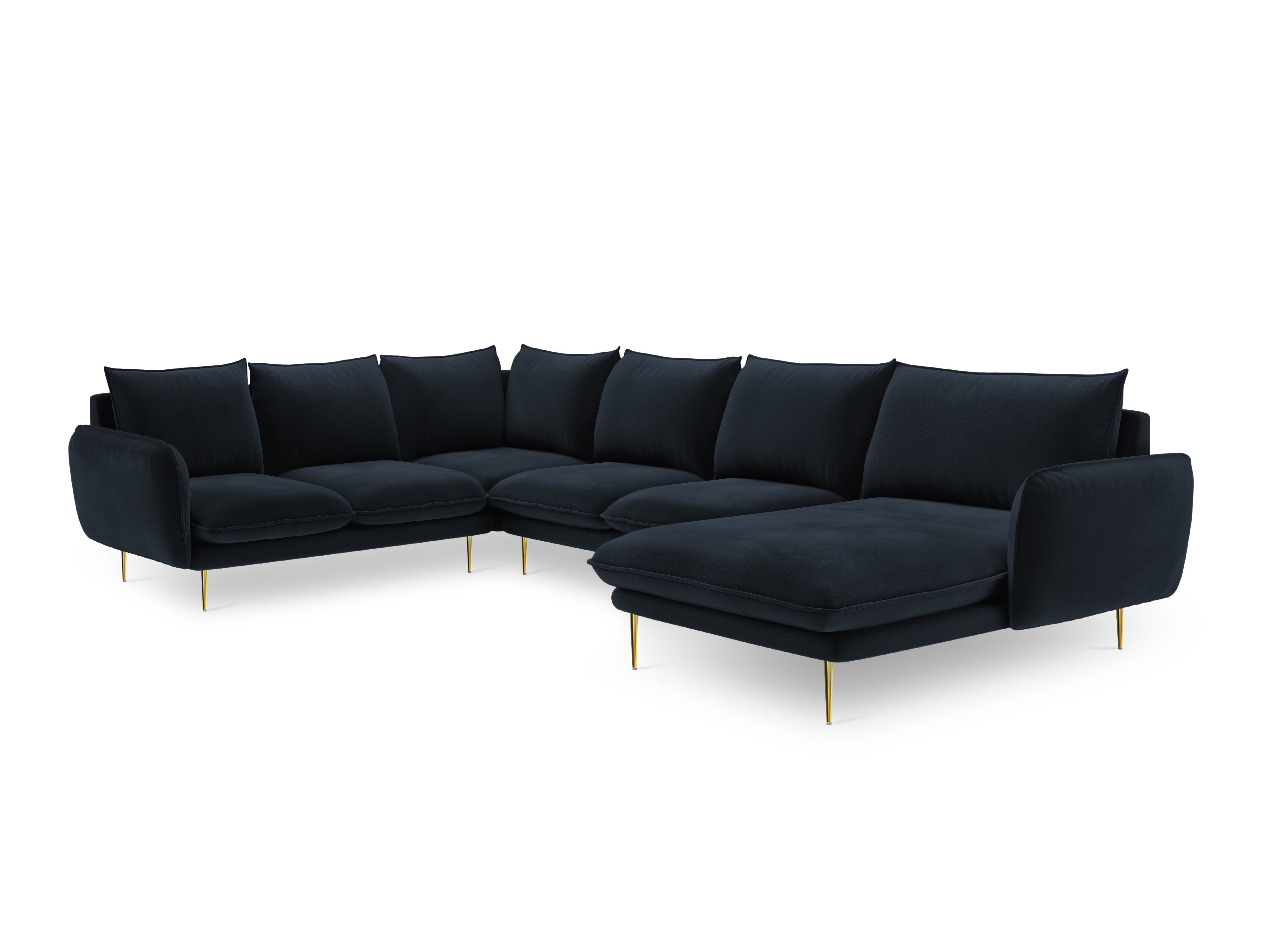 Panoramic Velvet Left-Facing Sofa for 7 People VIENNA in Dark Blue with Gold Base