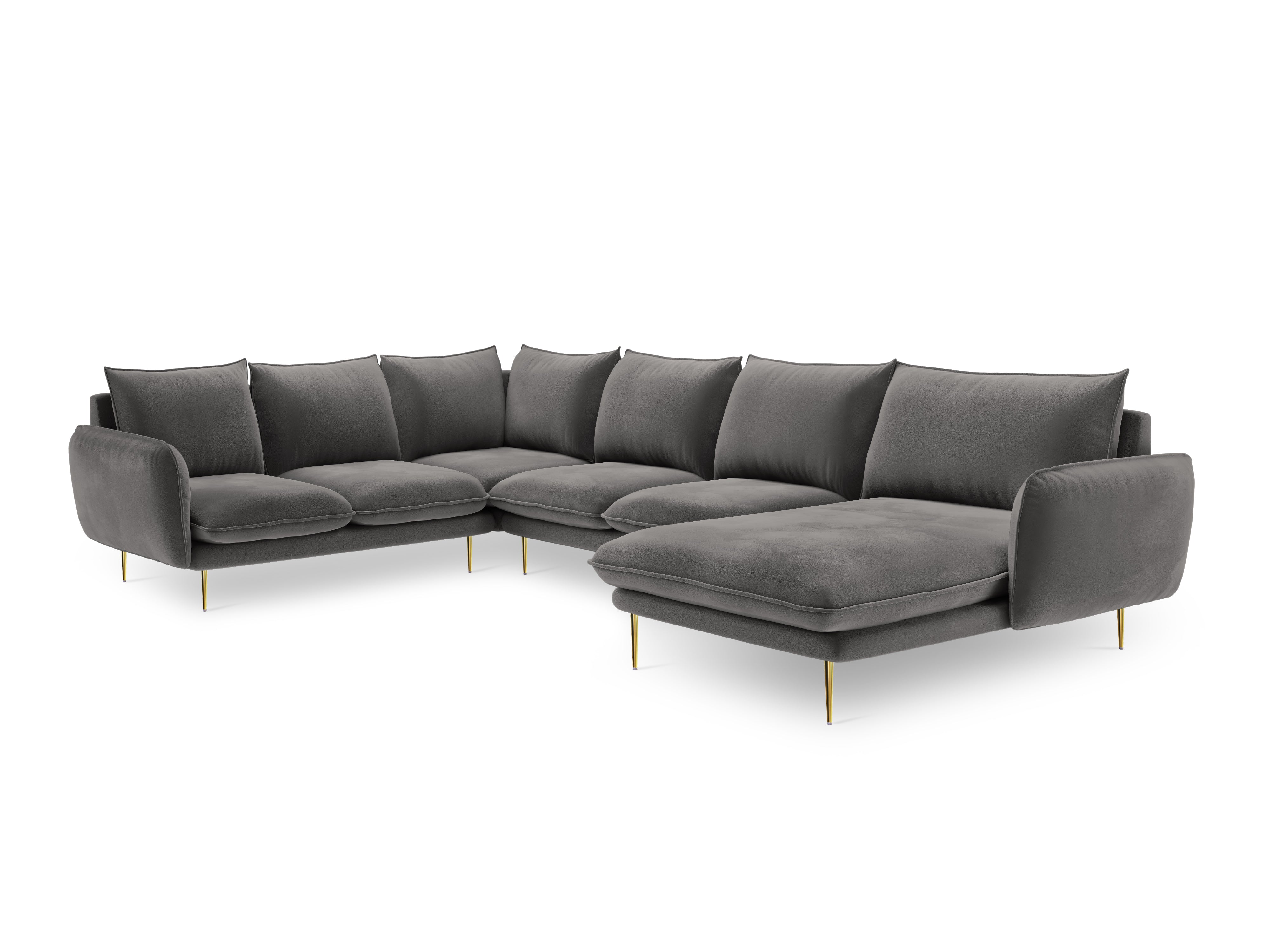 Left-facing velvet panoramic corner sofa for 7 people VIENNA in light gray with a gold base