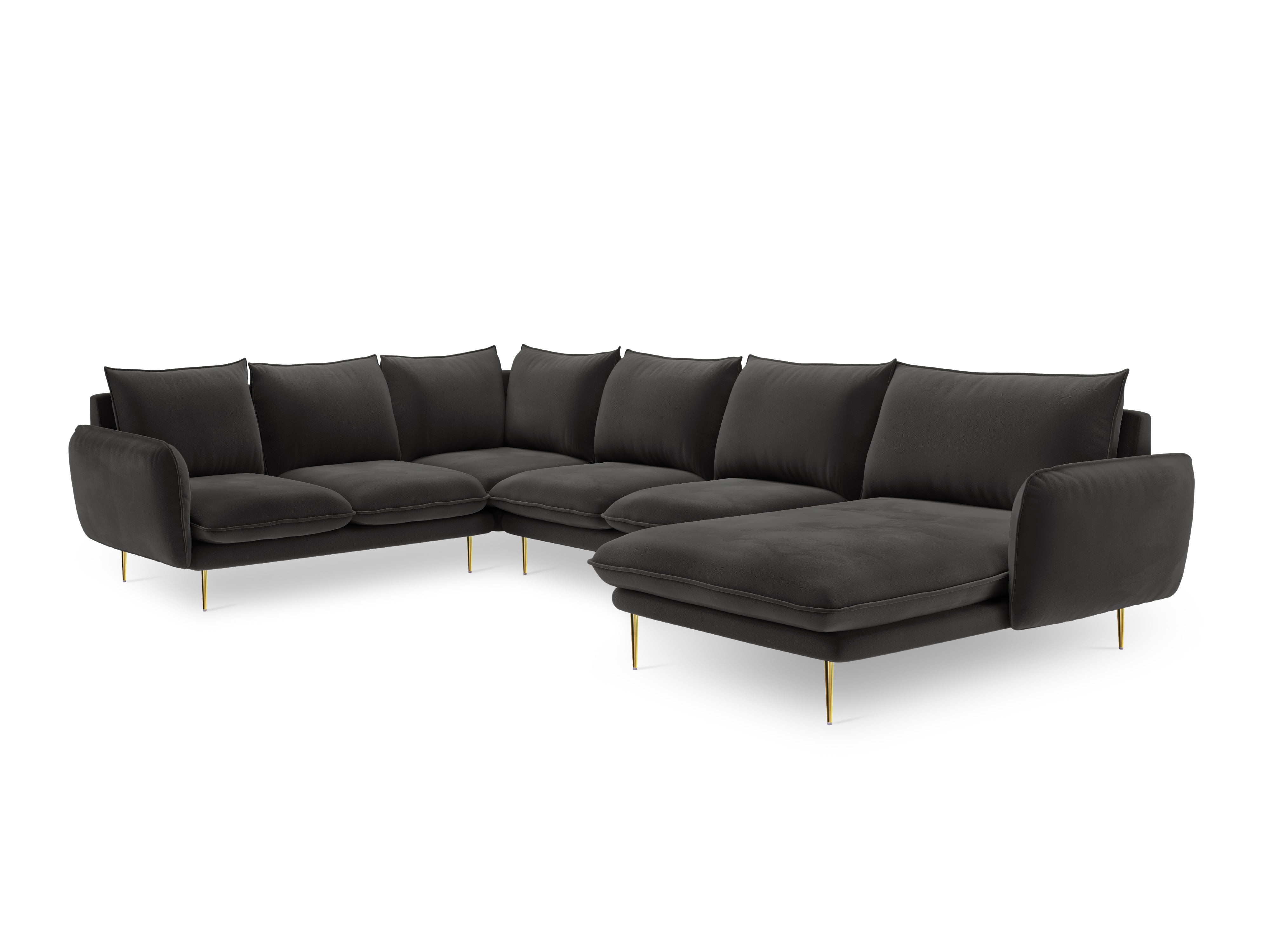Panoramic Velvet Left-Facing Sofa for 7 People VIENNA Dark Gray with Gold Base