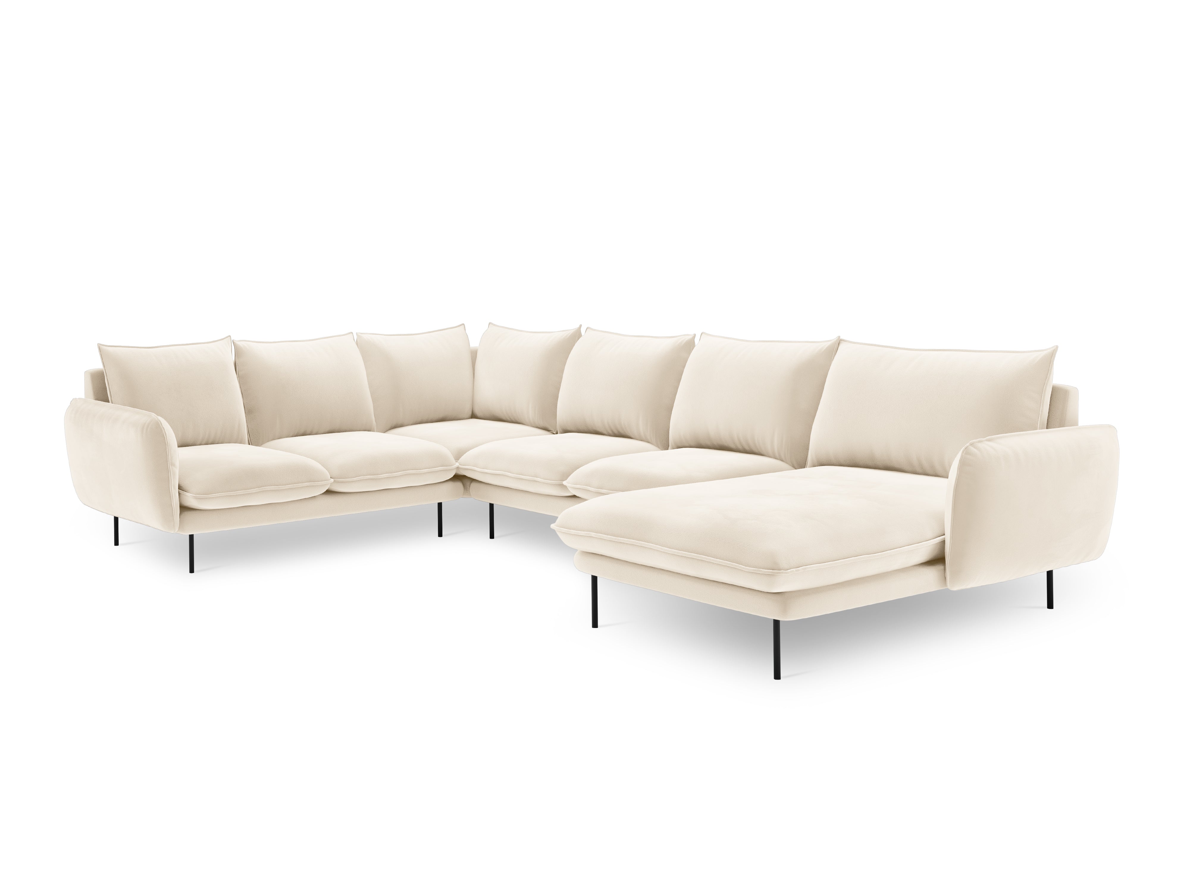 Panoramic Velvet Left-Facing Sofa for 7 People VIENNA Light Beige with Black Base