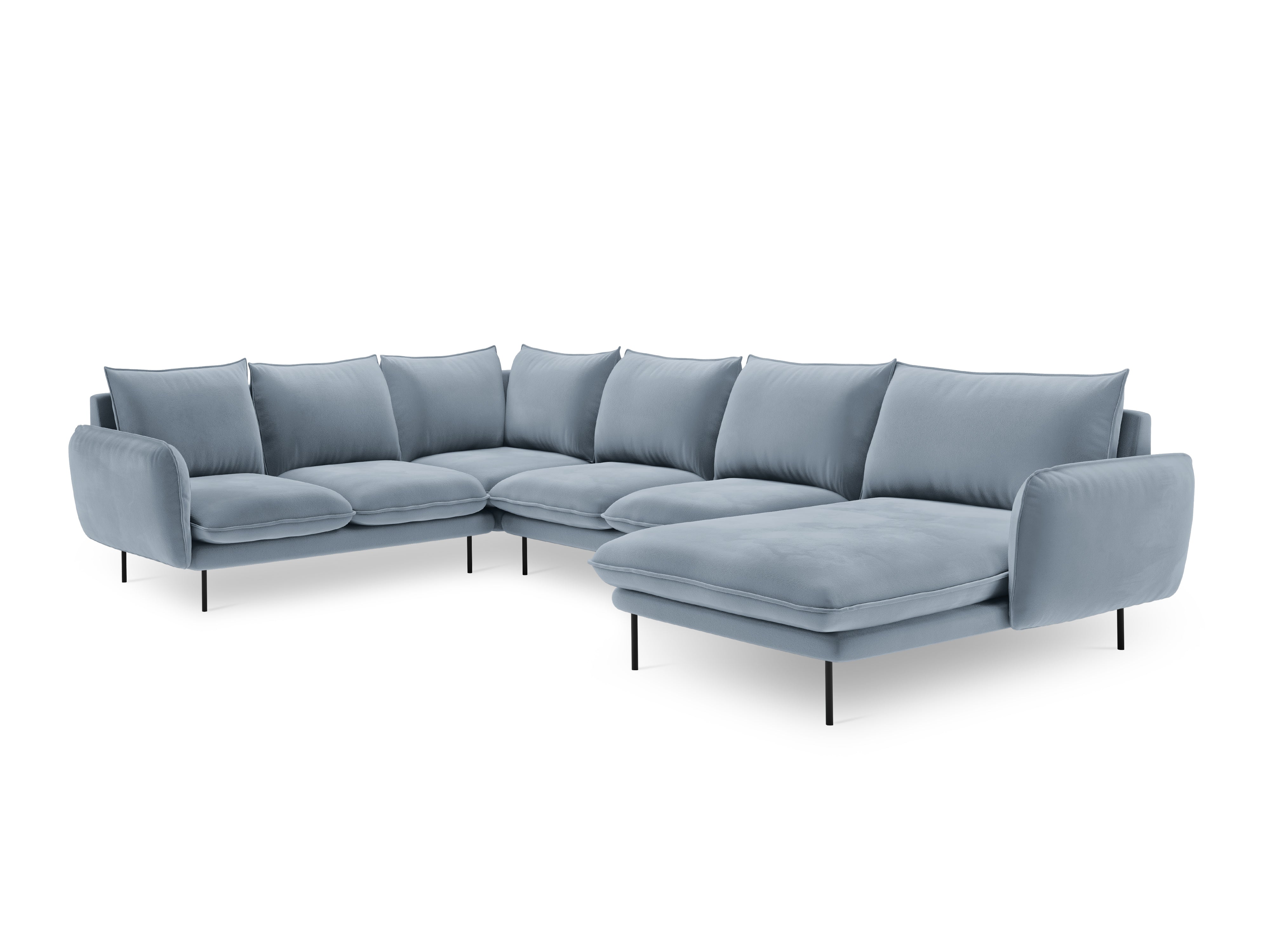 Panoramic Velvet Left-Side Corner Sofa for 7 People VIENNA Light Blue with Black Base