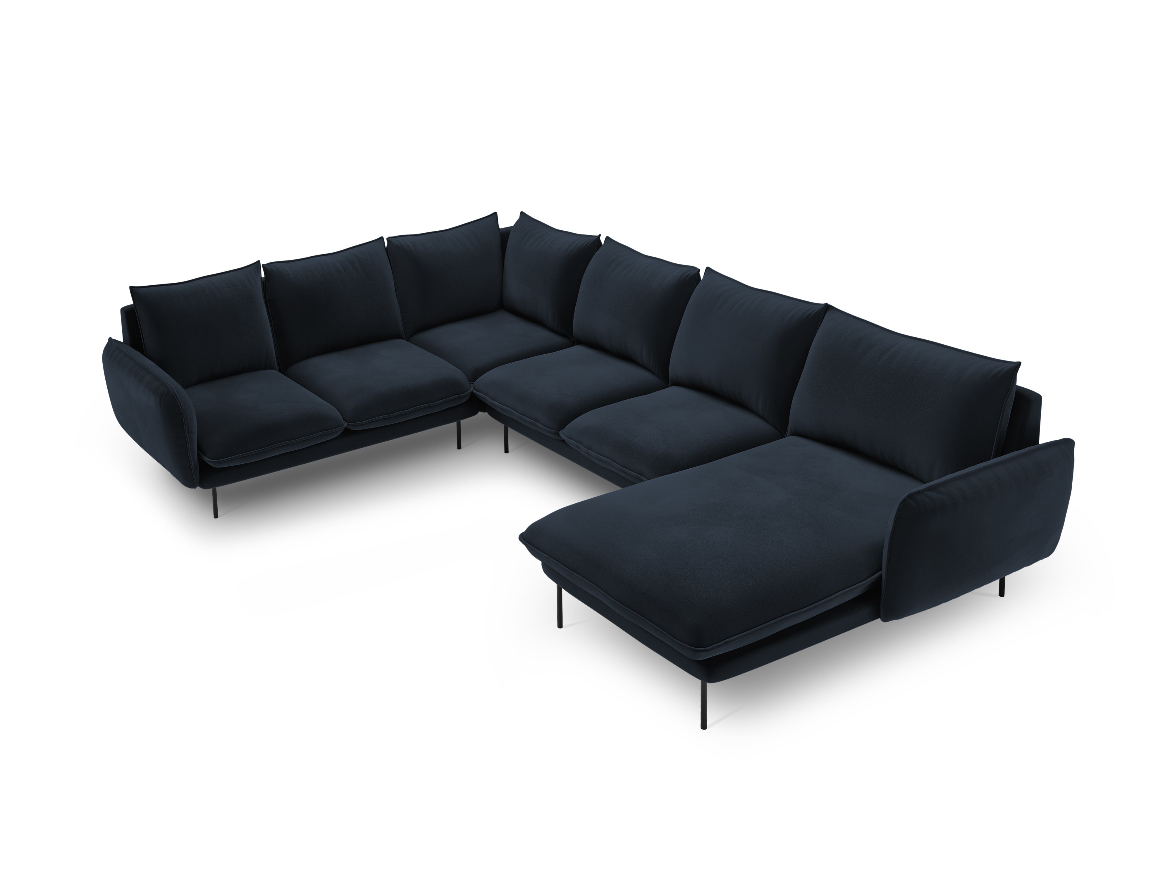 Panoramic Velvet Left-Facing Sofa for 7 People VIENNA in Dark Blue with Black Base
