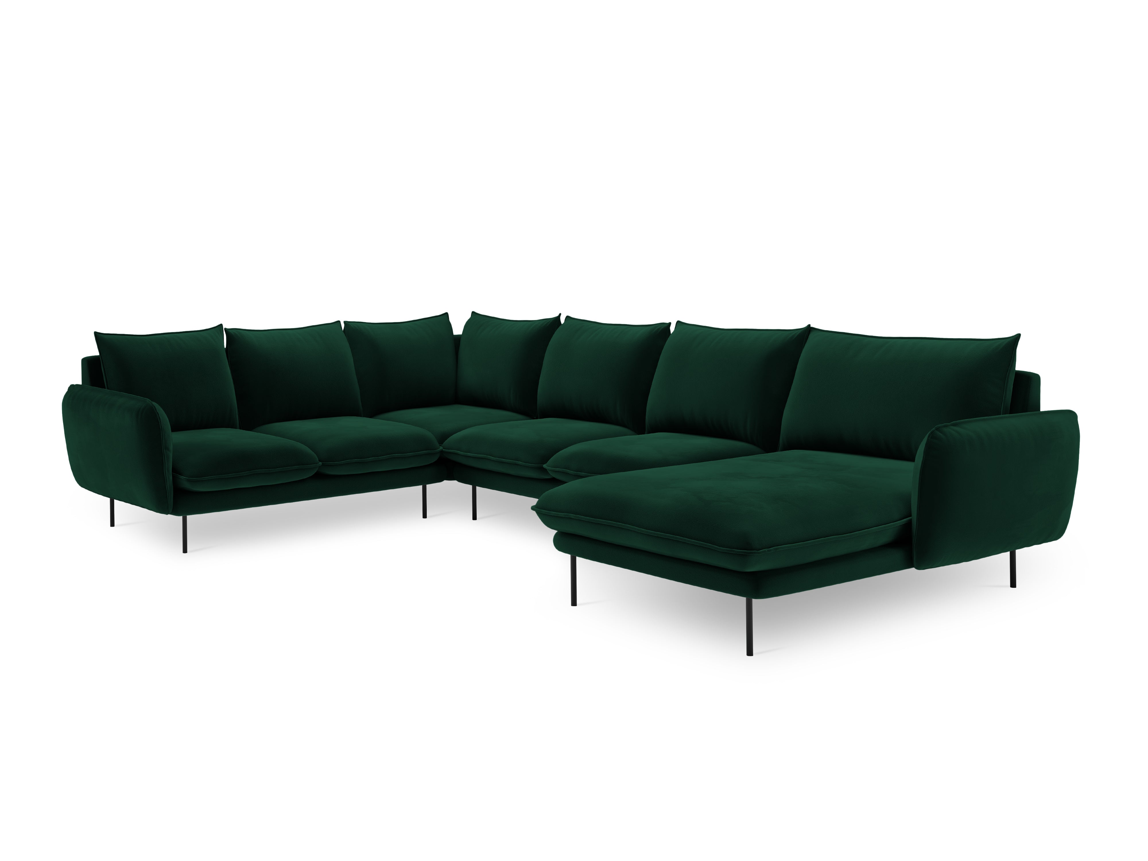 Left-facing velvet panoramic corner sofa for 7 people VIENNA in bottle green with a black base