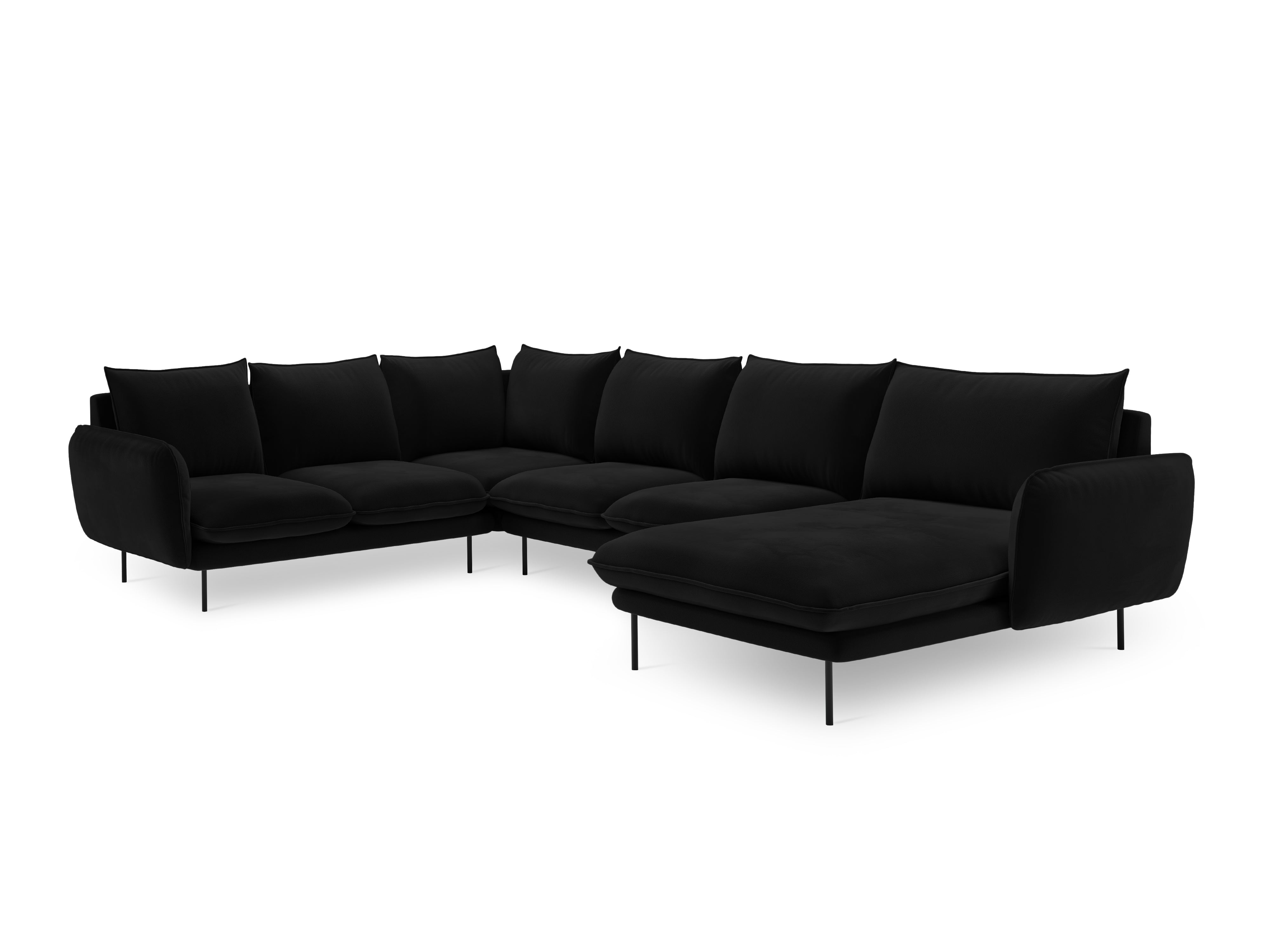 Panoramic Velvet Left-Side Corner Sofa for 7 People VIENNA in Black with Black Base
