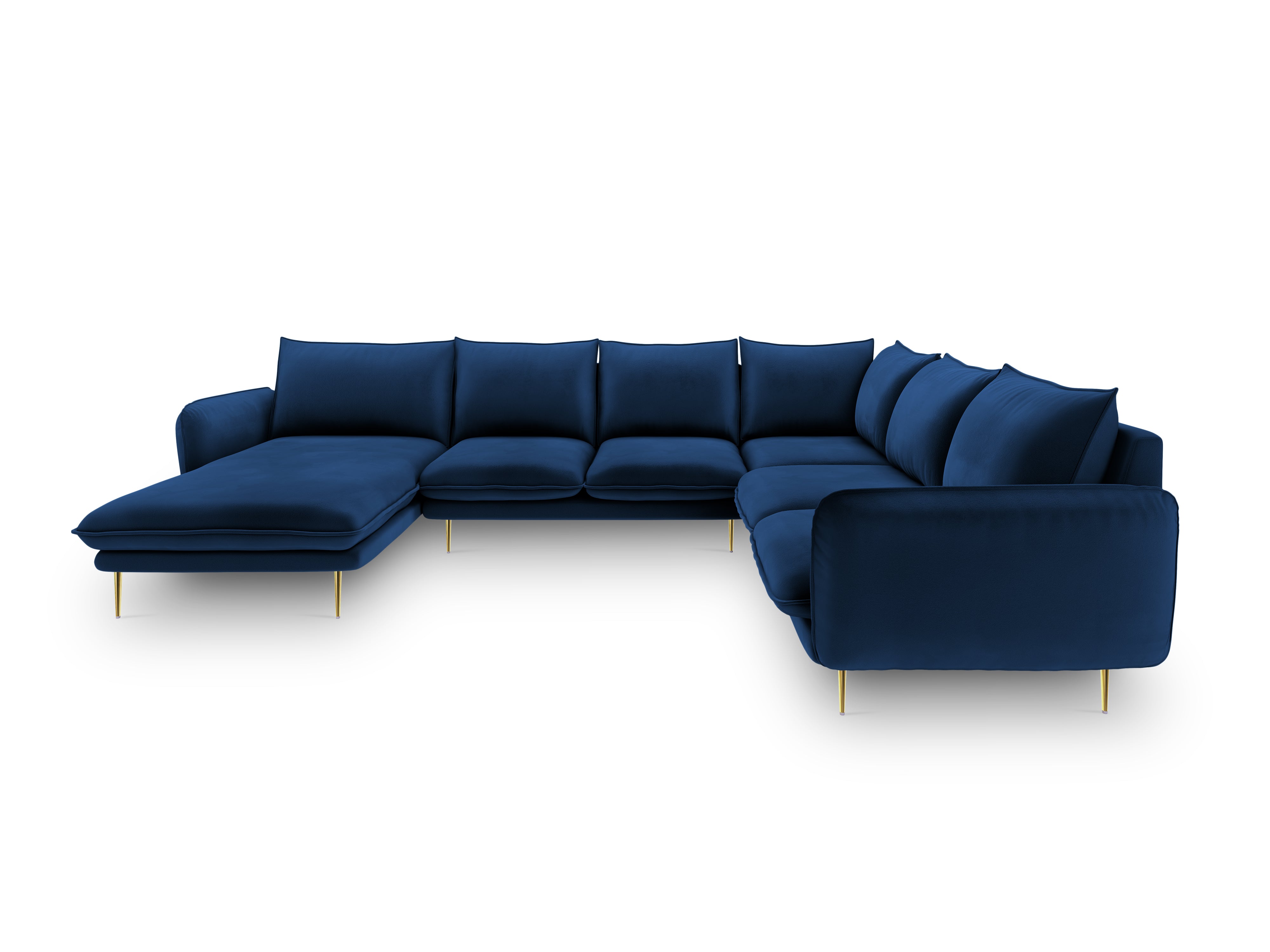 Royal blue velvet right-facing panoramic corner sofa for 7 people VIENNA with a gold base