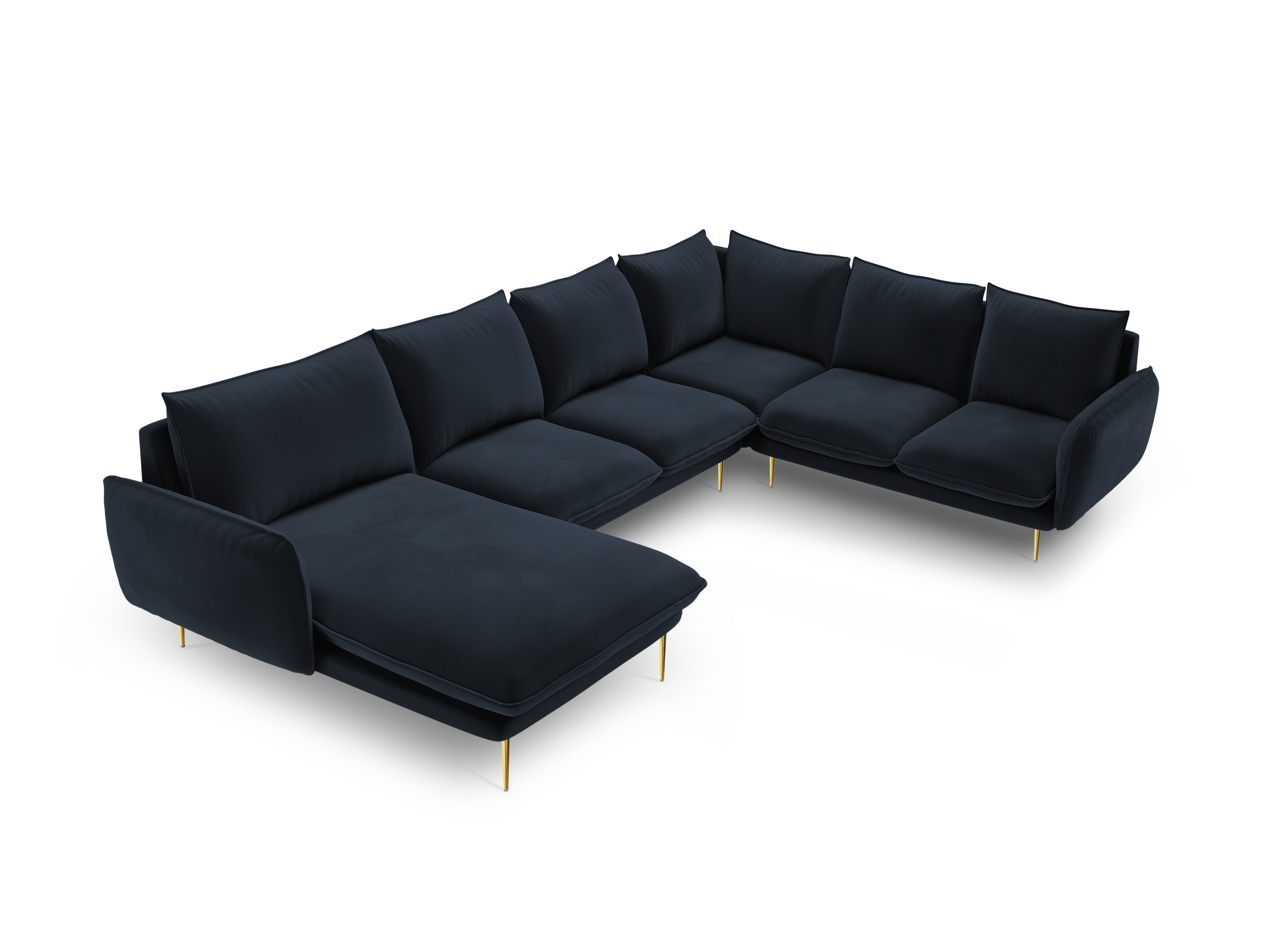 Panoramic Velvet Corner Sofa Right-Handed 7-Seater VIENNA Dark Blue with Gold Base