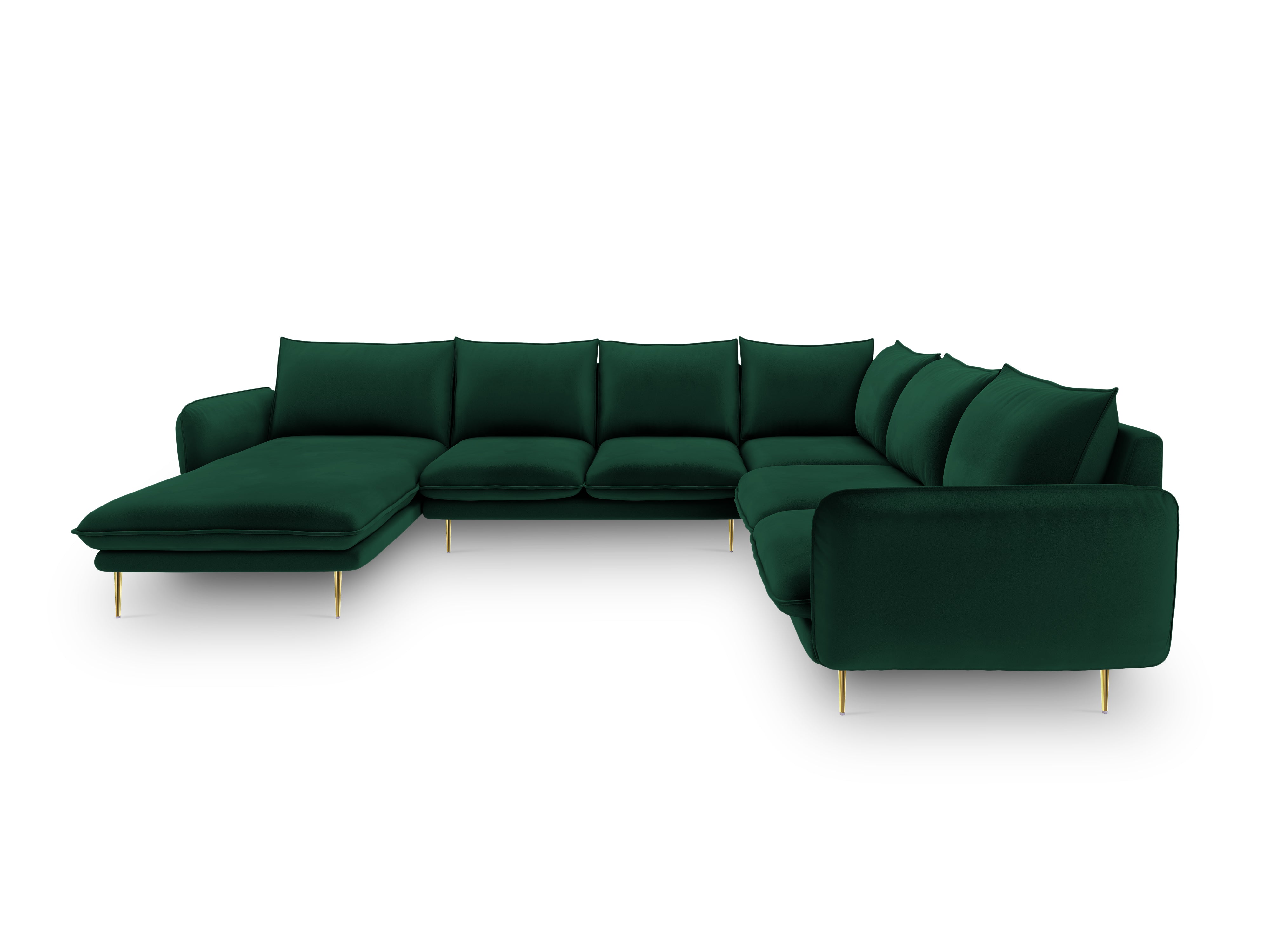 Panoramic Velvet Corner Sofa Right-Handed 7-Seater VIENNA Bottle Green with Gold Base