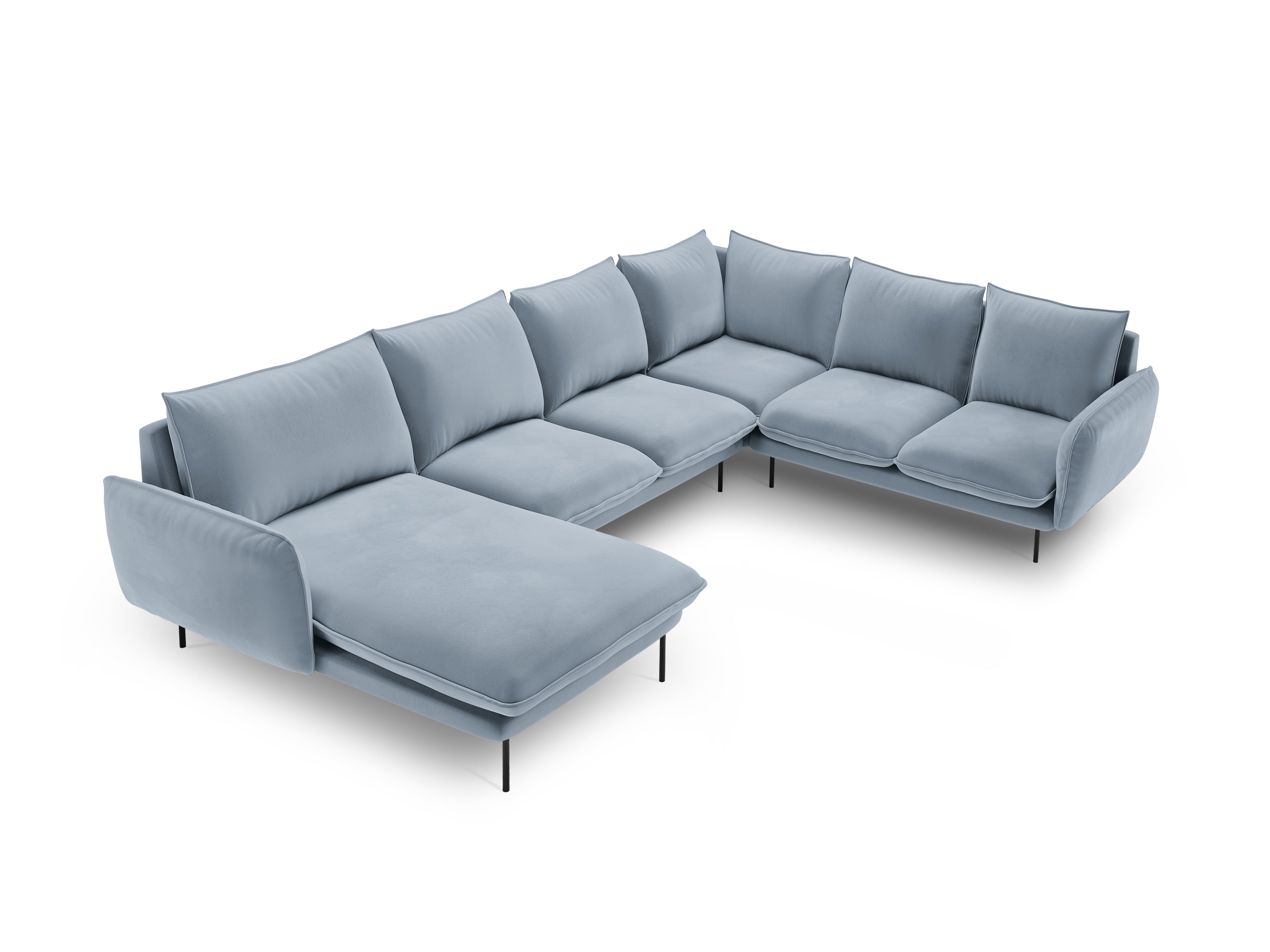 Panoramic Velvet Corner Sofa Right-Handed 7-Seater VIENNA Light Blue with Black Base