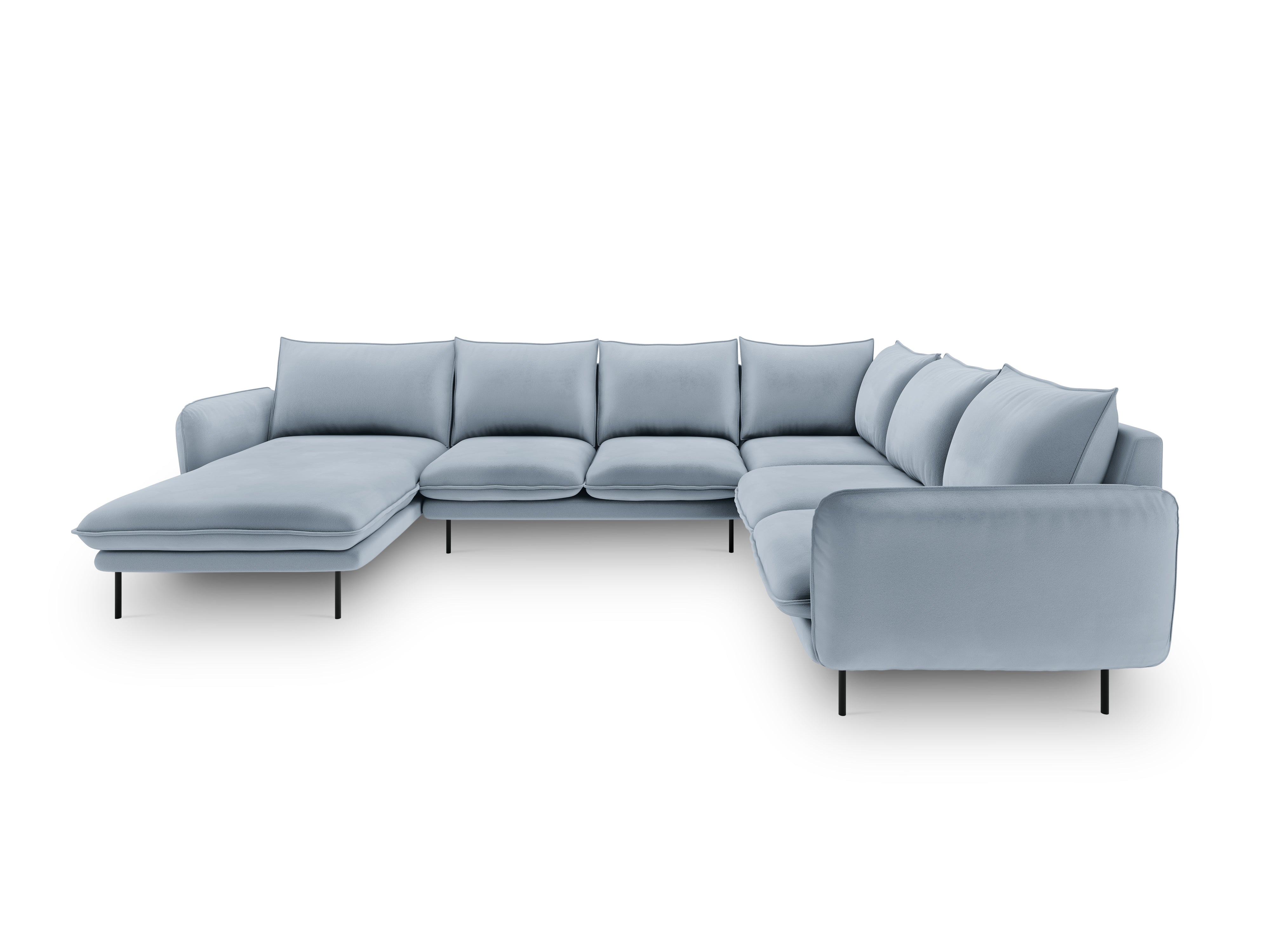 Panoramic Velvet Corner Sofa Right-Handed 7-Seater VIENNA Light Blue with Black Base