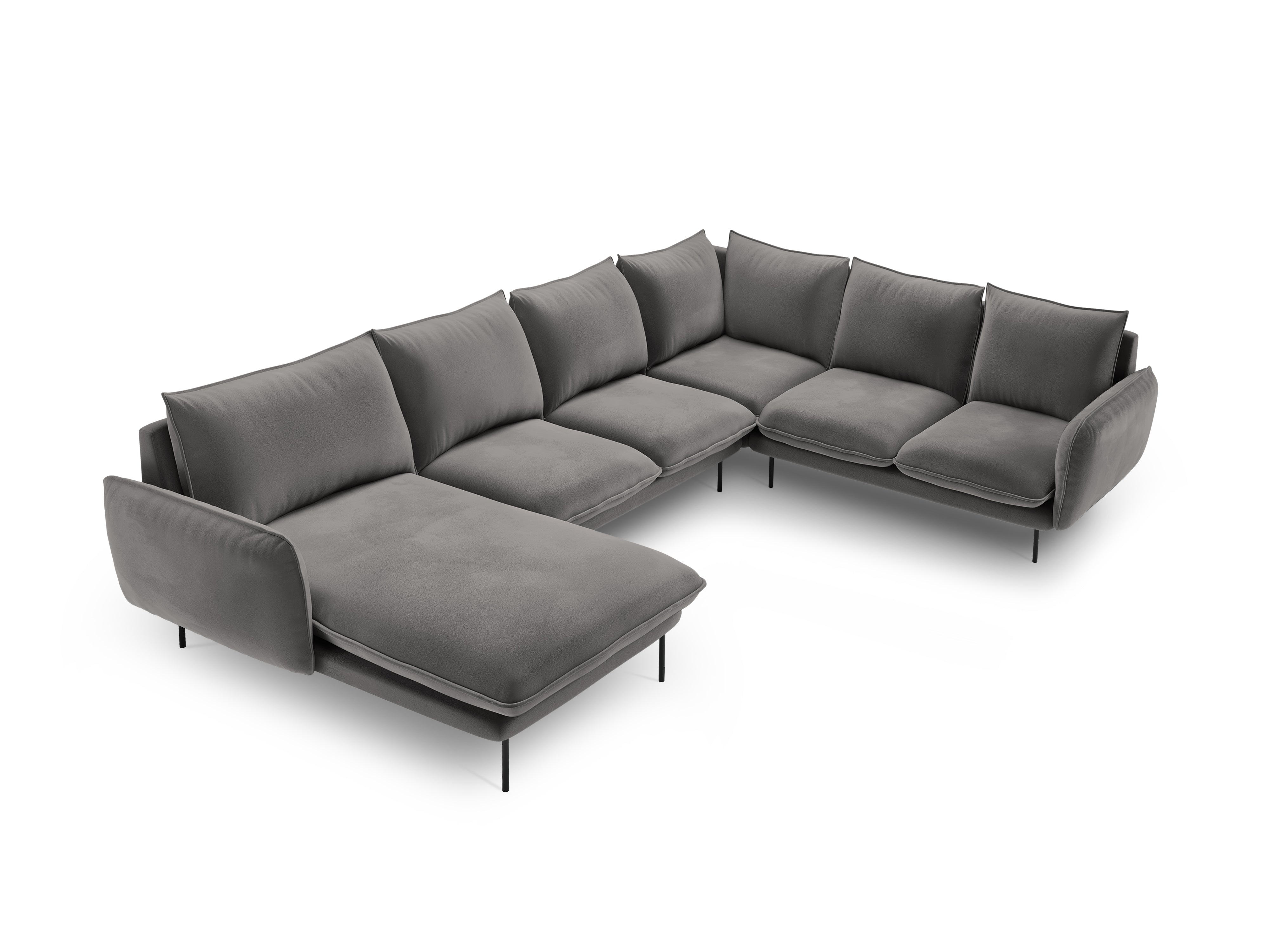 Panoramic Velvet Corner Sofa Right-Handed 7-Seater VIENNA Light Gray with Black Base