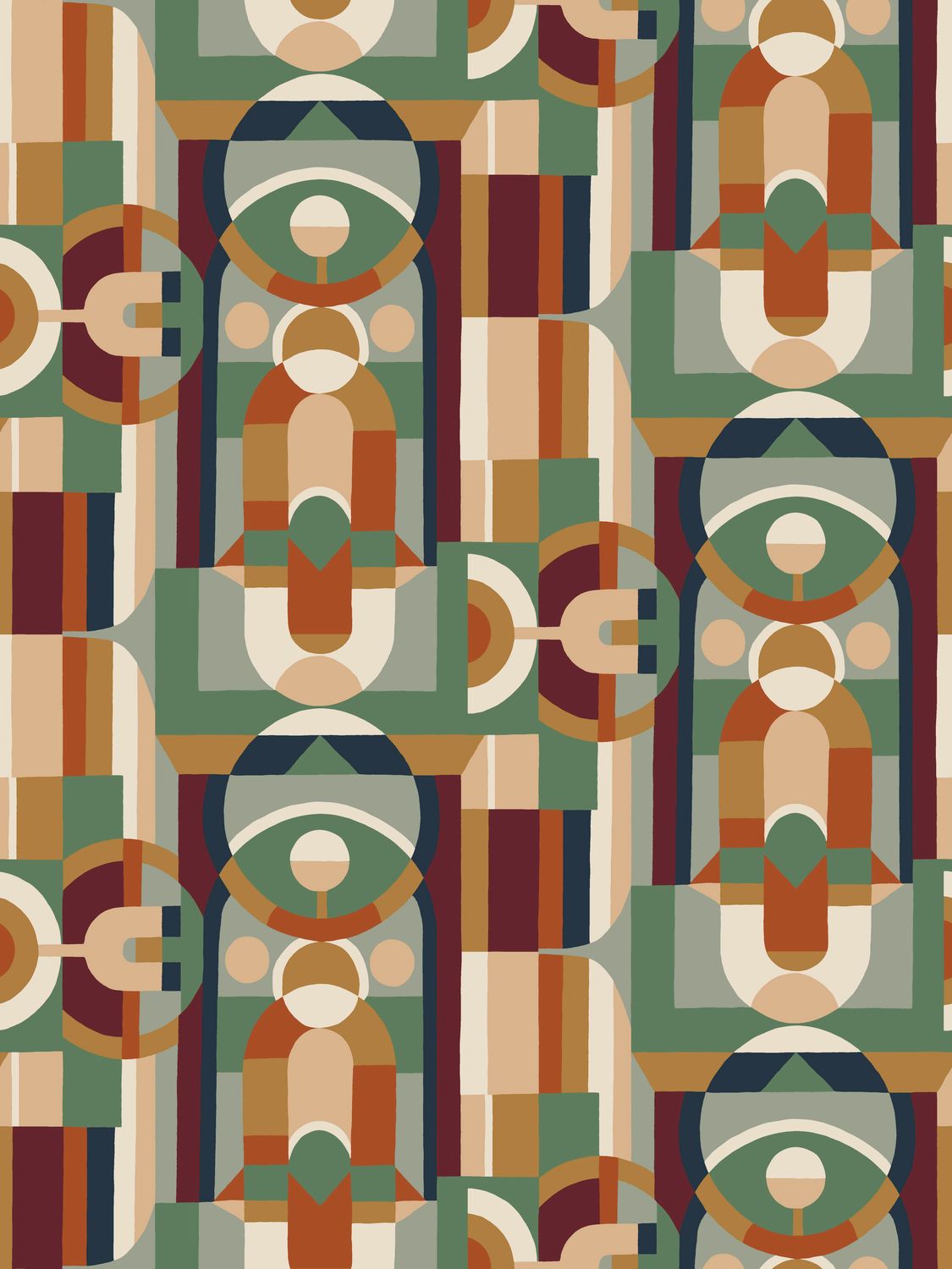 Stained Glass Geometric Pattern Wallpaper VITRAIL - MULTICO Orange with Green and Burgundy