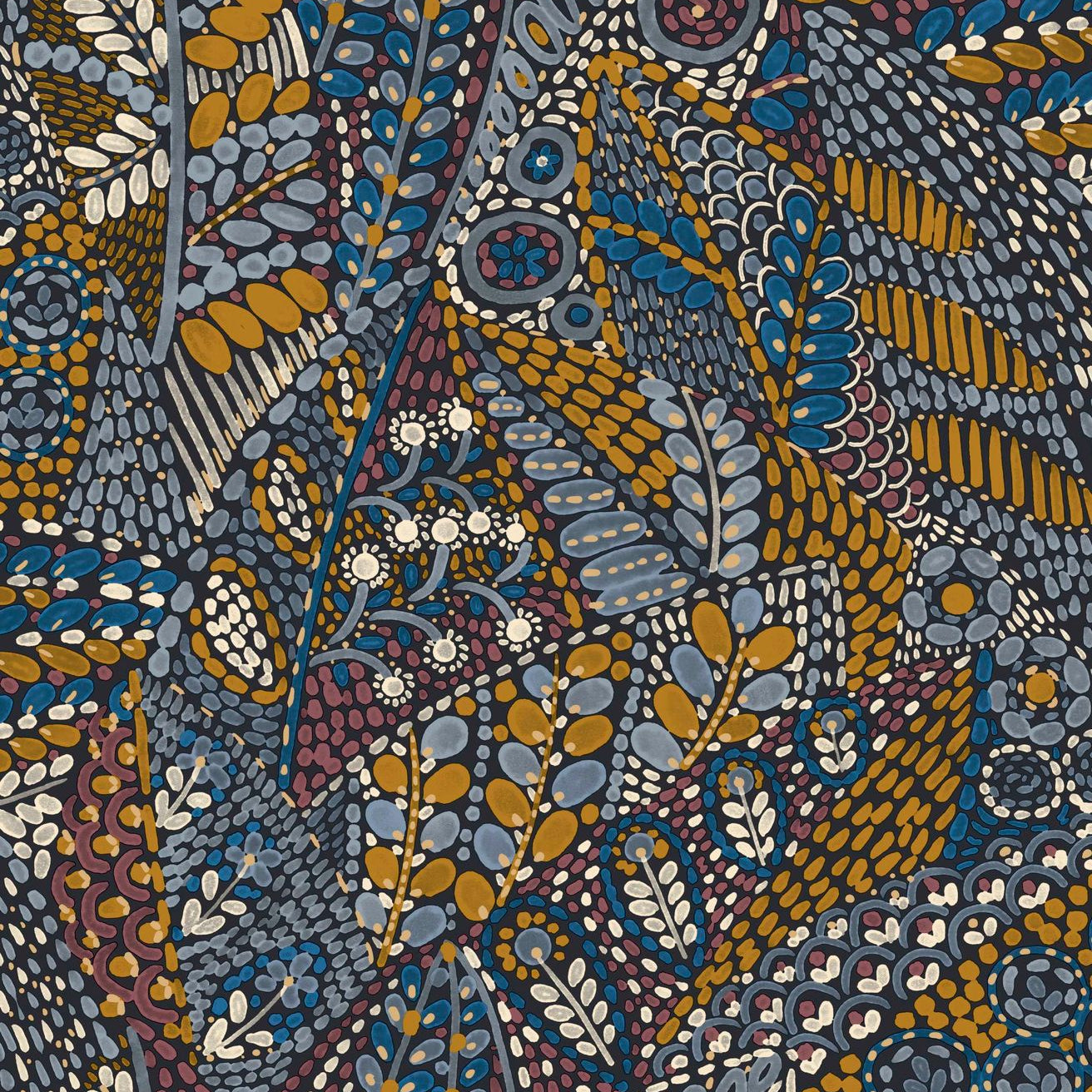 Talavera Leaf Pattern Wallpaper - Marine Ocle Blue with Orange