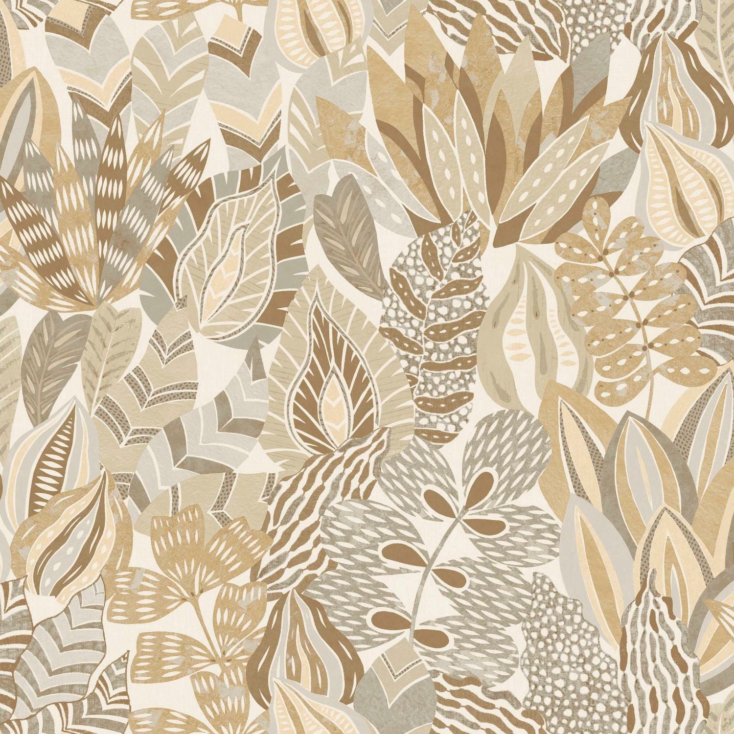 Plant-themed wallpaper with ALFABIA leaves - SABLE/GRÈS brown with beige