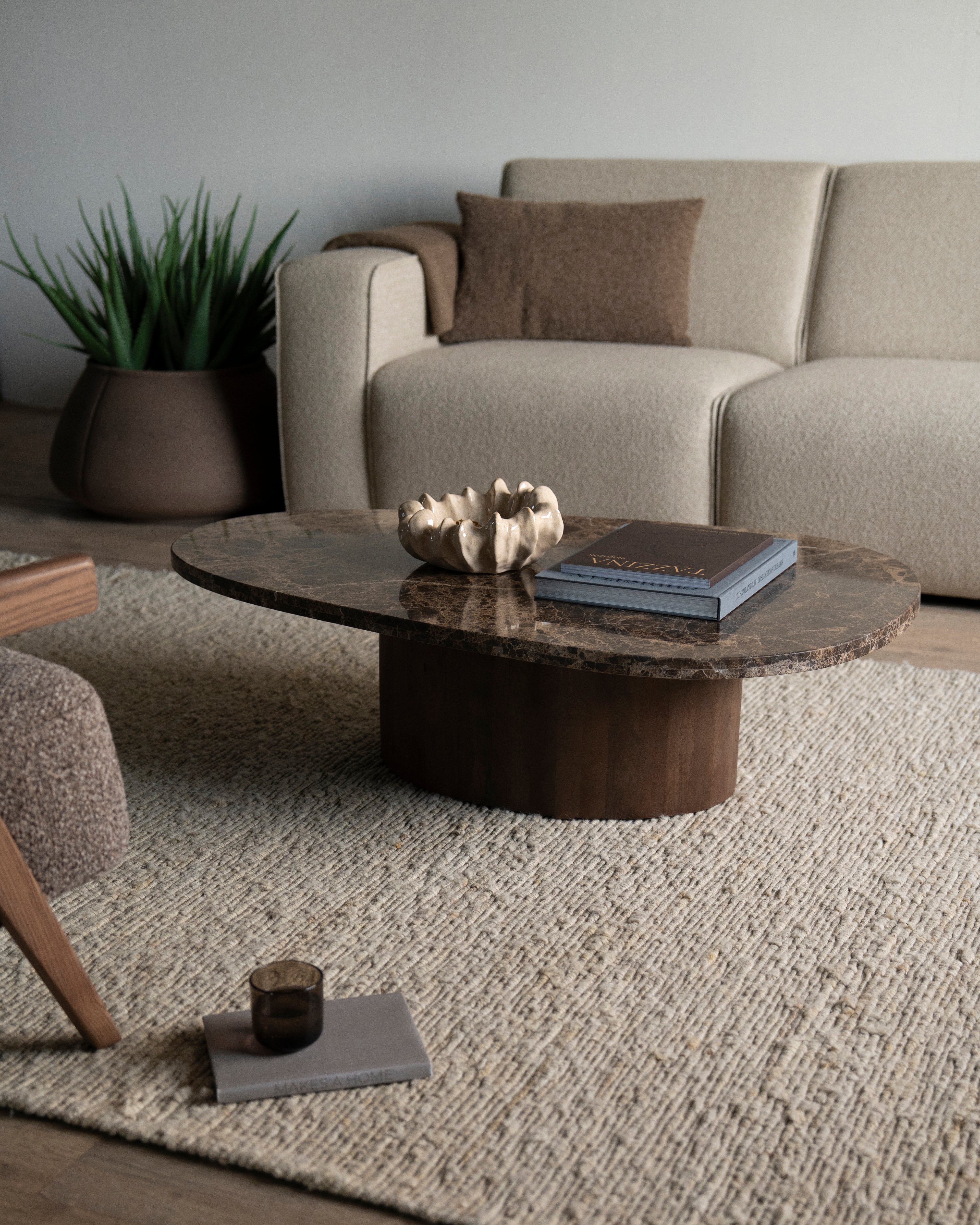 BRADLEY dark brown marble coffee table with a wooden base