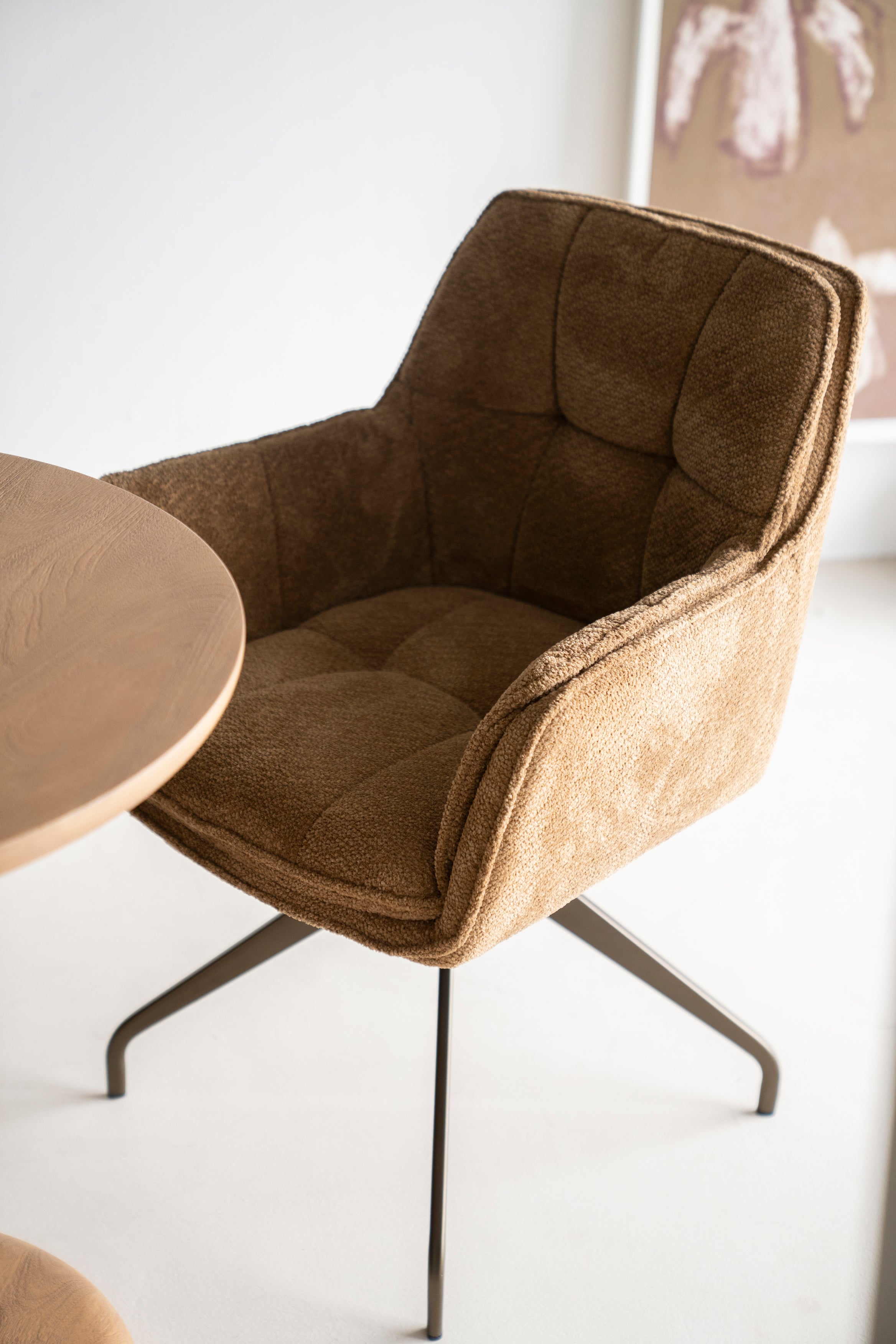 HUGO mustard swivel chair with dark brown base