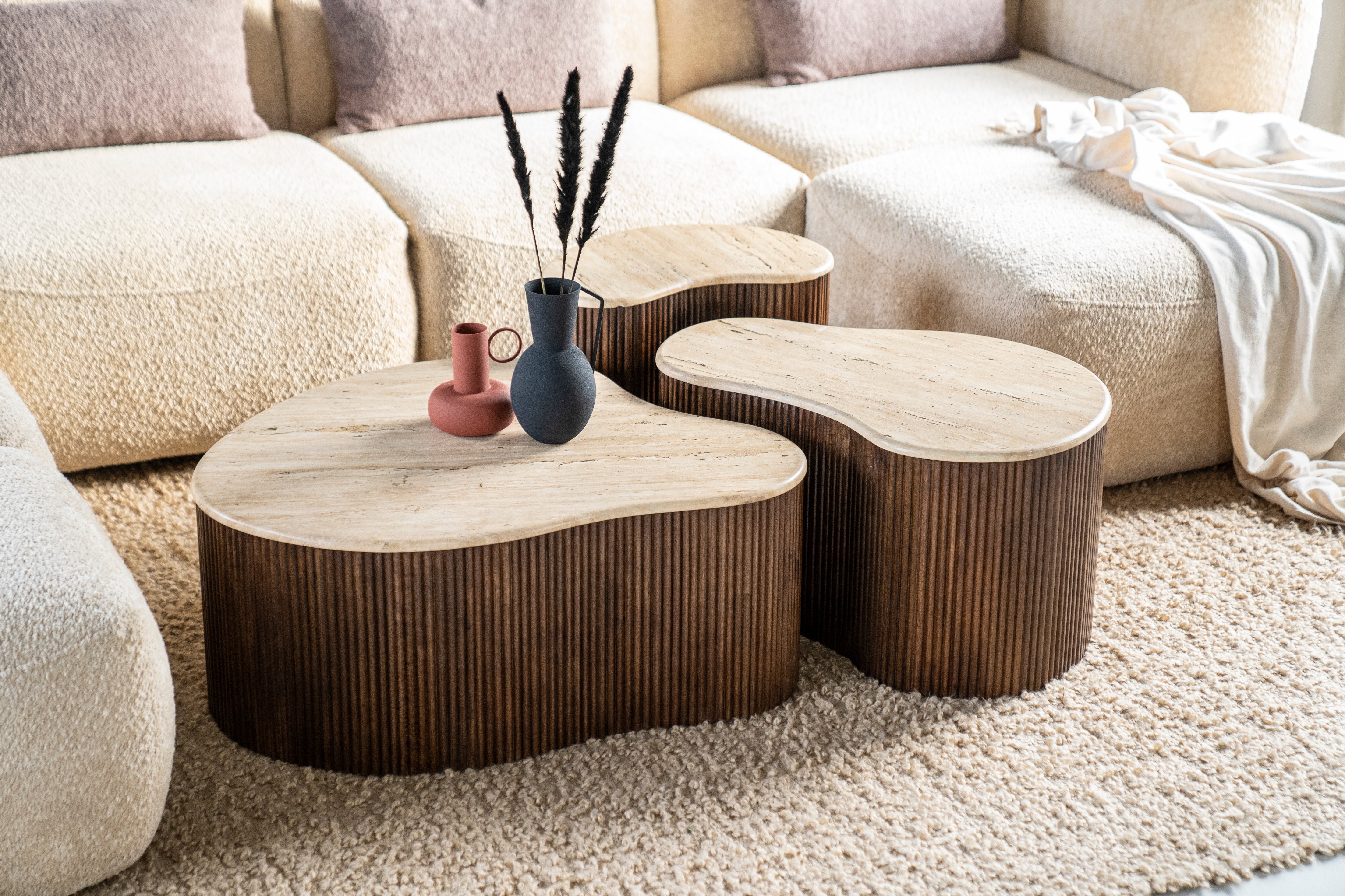 MARI coffee table made of mango wood with a travertine top