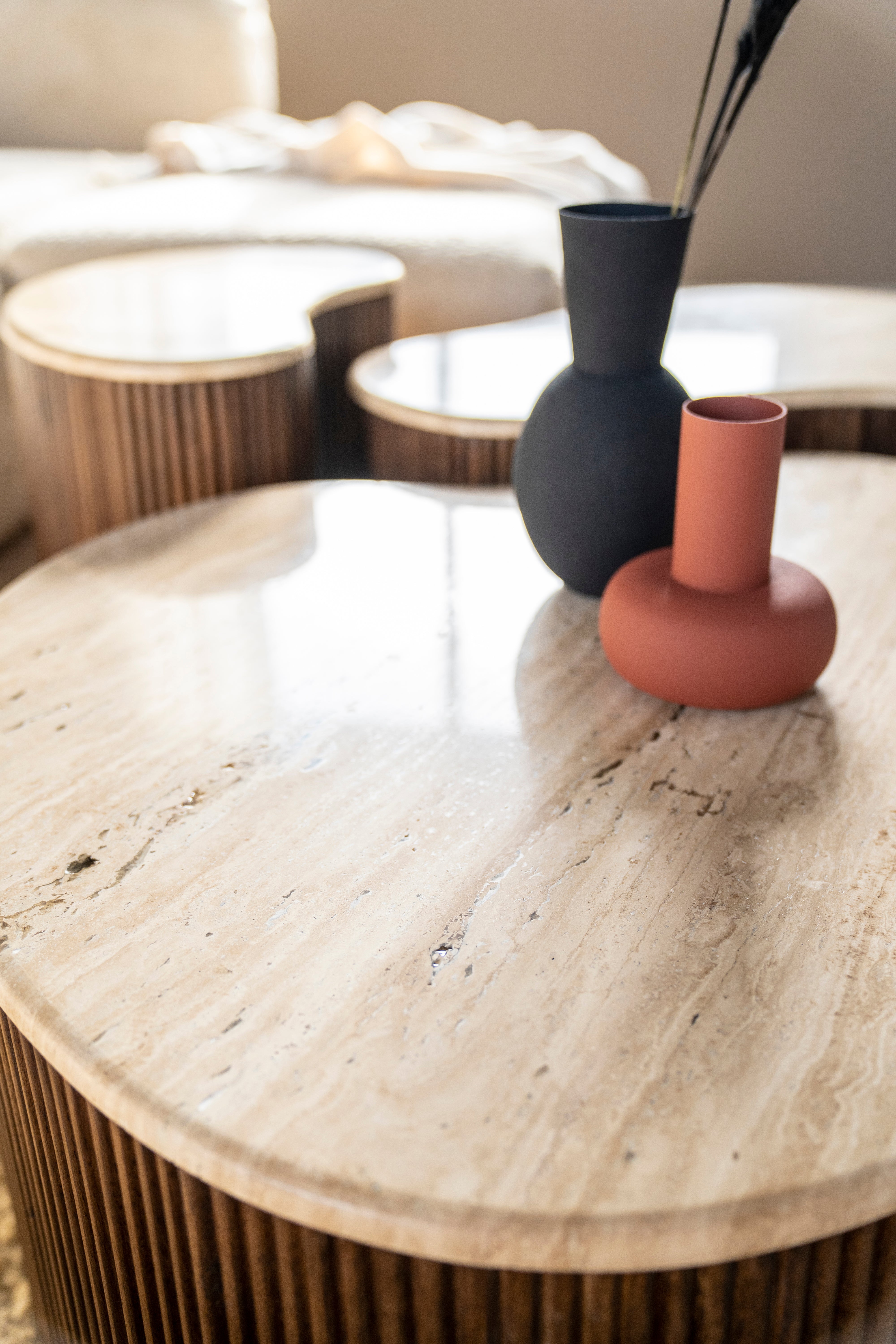 MARI coffee table made of mango wood with a travertine top