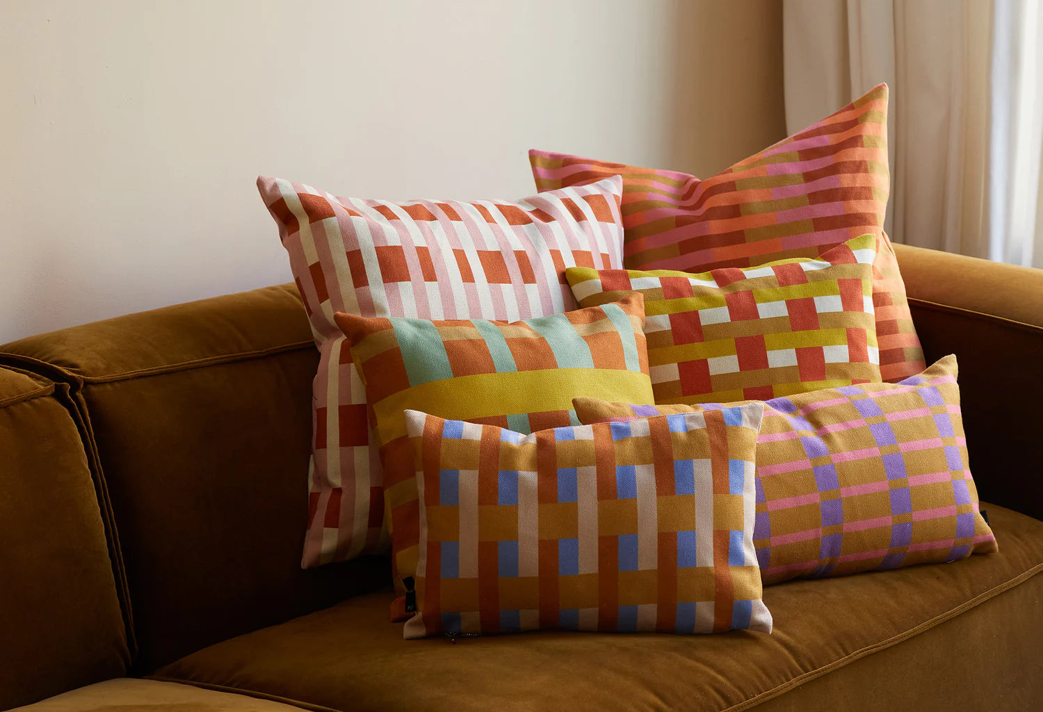 STRIPES AND CHECKS Pillow in Orange with Yellow