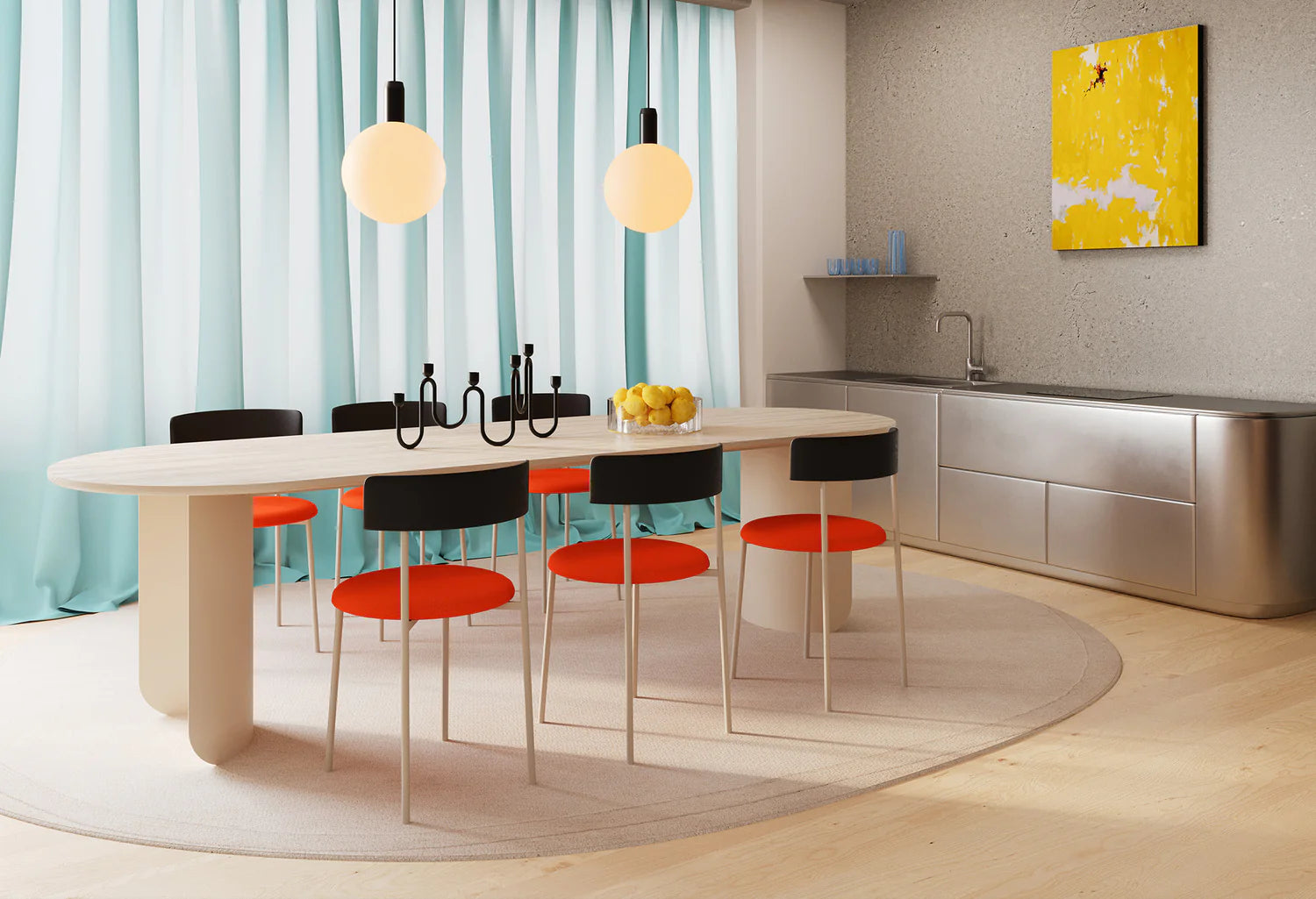 Oval Table PLATEAU with Oak Top and Black Base