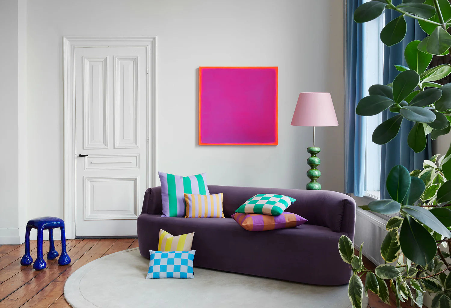 STRIPES AND CHECKS Pillow in Sand with Yellow