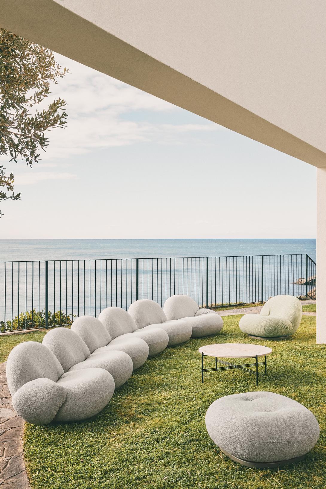 Outdoor pouf PACHA upholstered with a gold base