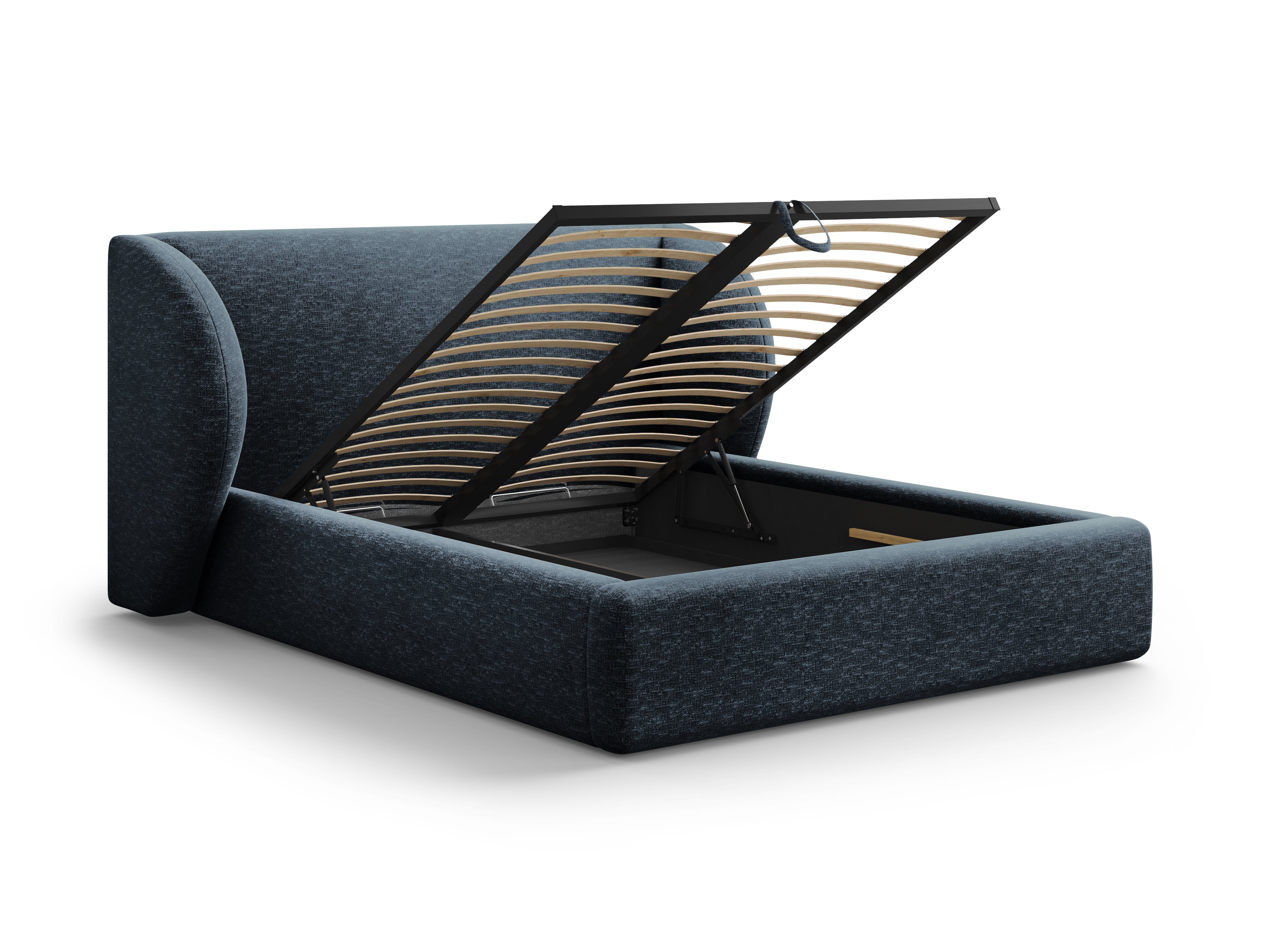 Łóżko w tkaninie szenilowej z pojemnikiem na pościel MILEY granat królewski Micadoni    Eye on Design