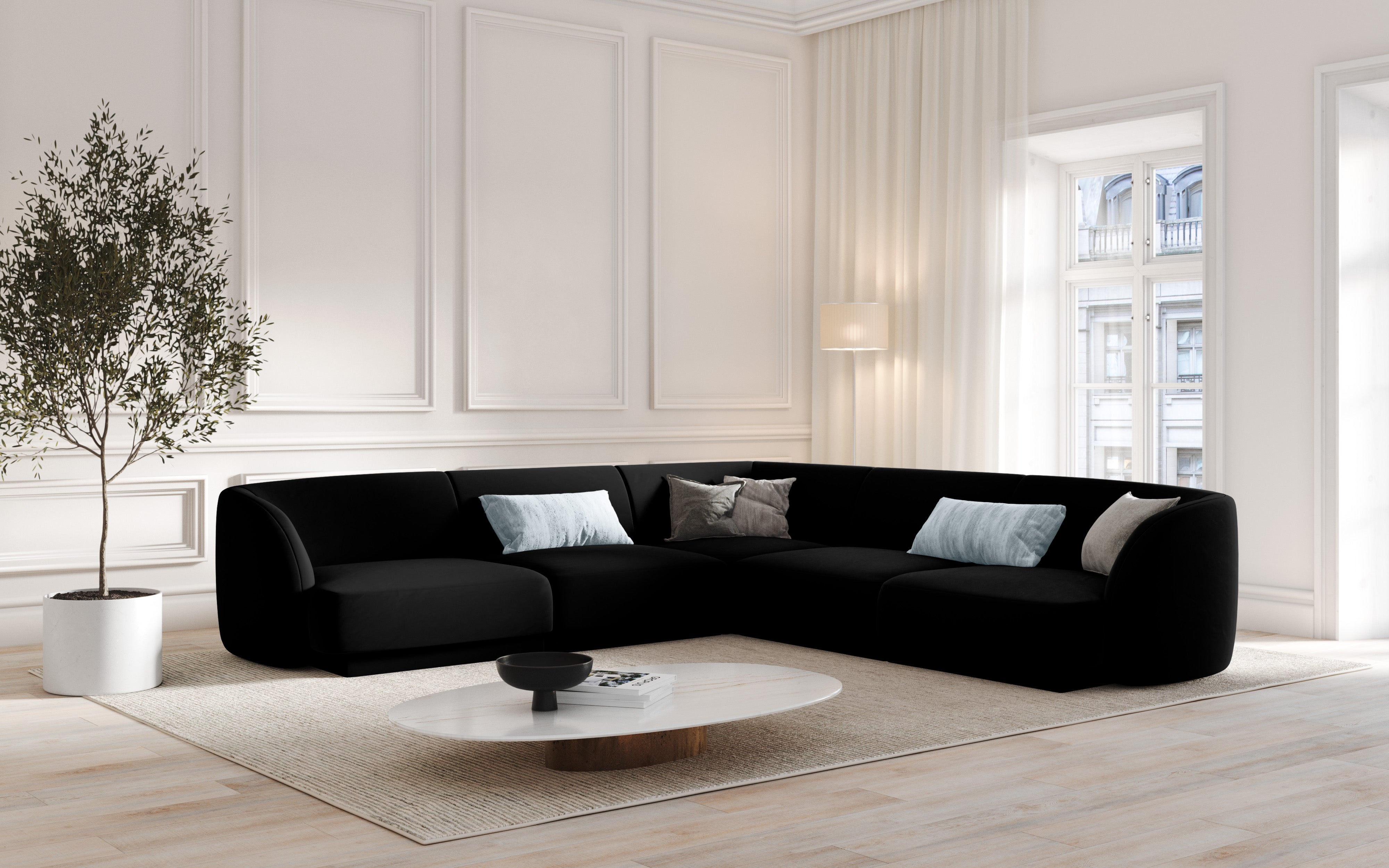 Right-facing 6-seater corner sofa MILEY black chenille