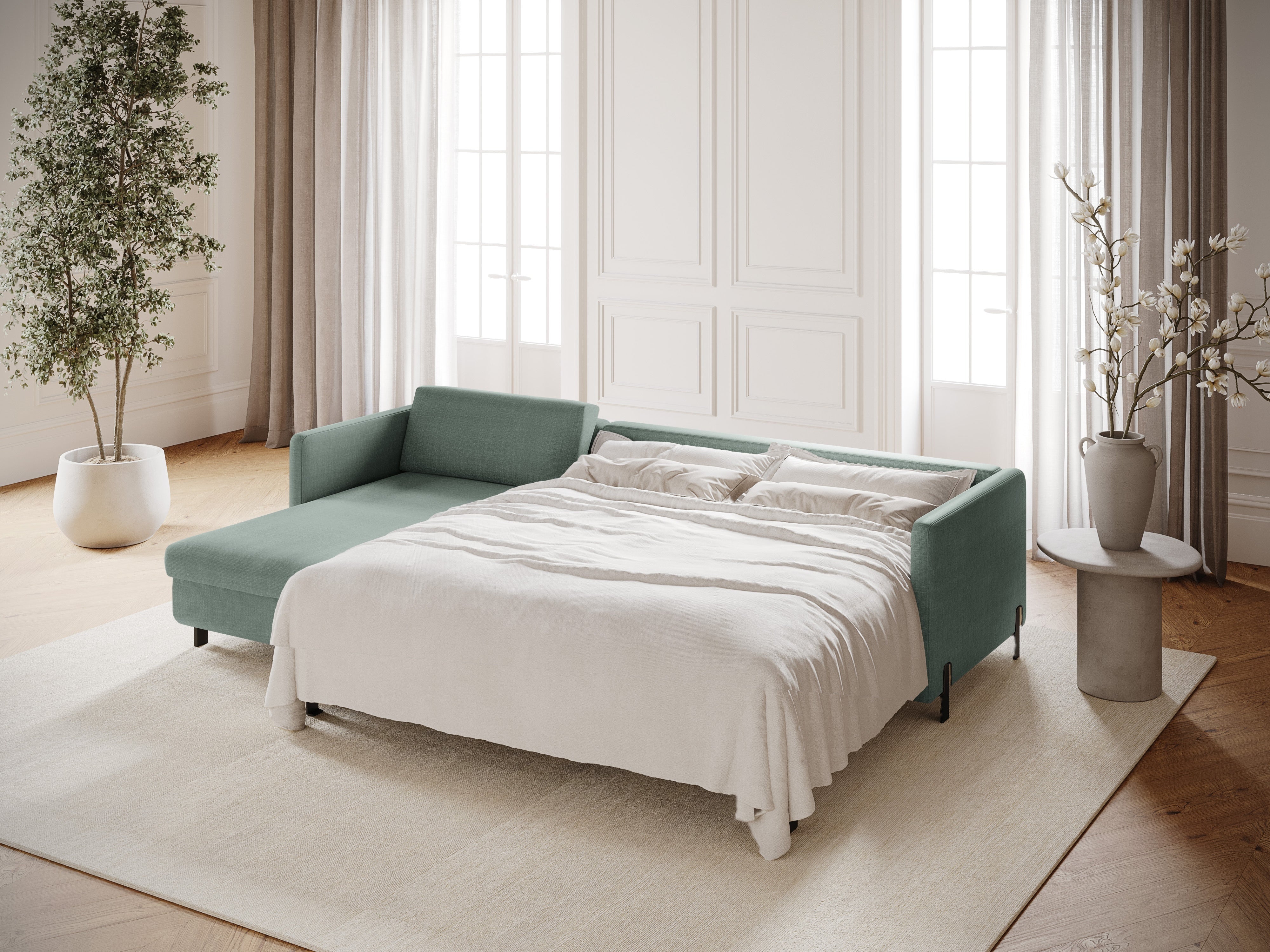 Linke Ecksofa mit Bettfunktion und Schachtel, "Gloria", 4 Sitze, Minze, 260x170x80
In Europa gemacht