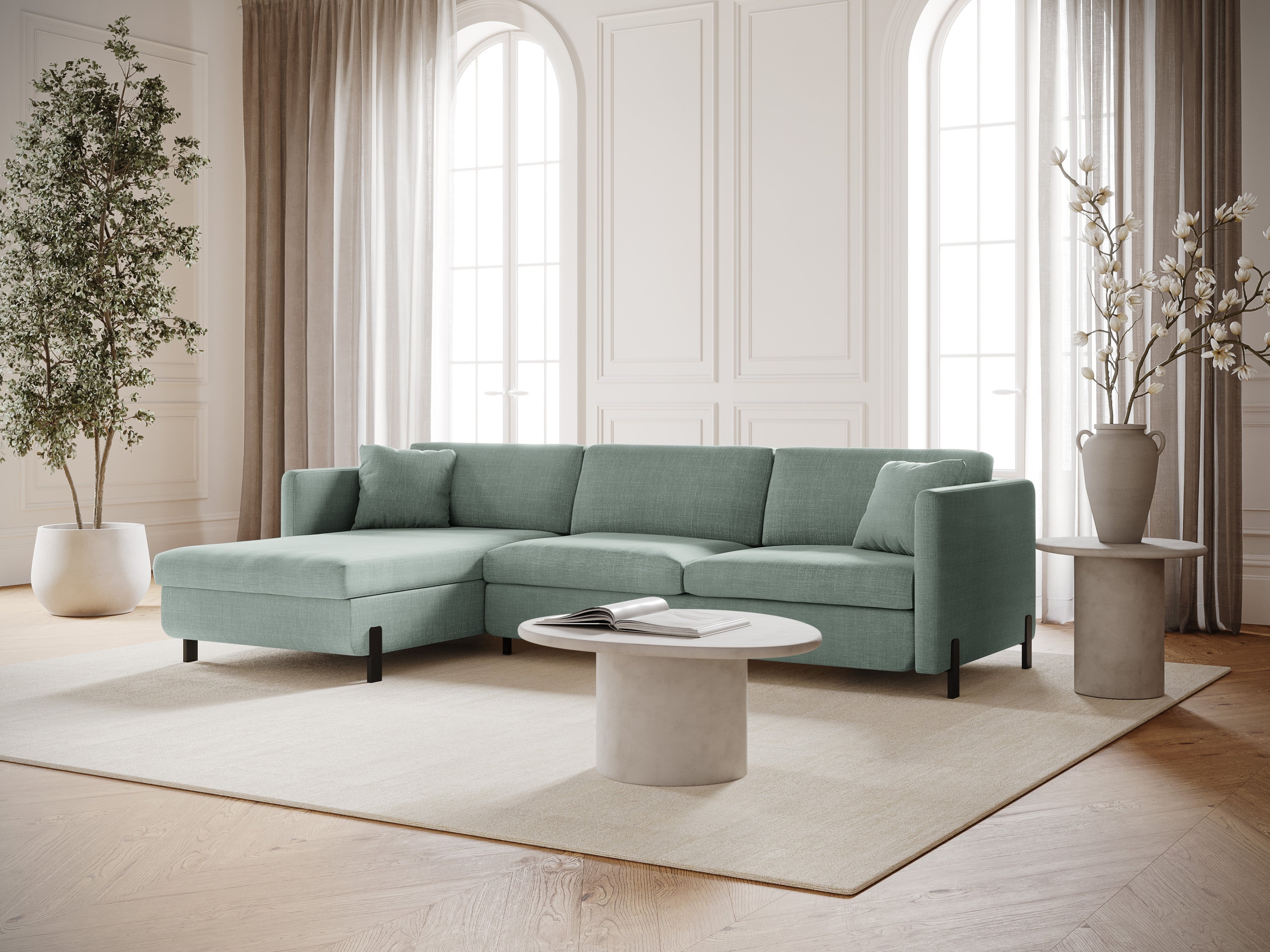 Linke Ecksofa mit Bettfunktion und Schachtel, "Gloria", 4 Sitze, Minze, 260x170x80
In Europa gemacht